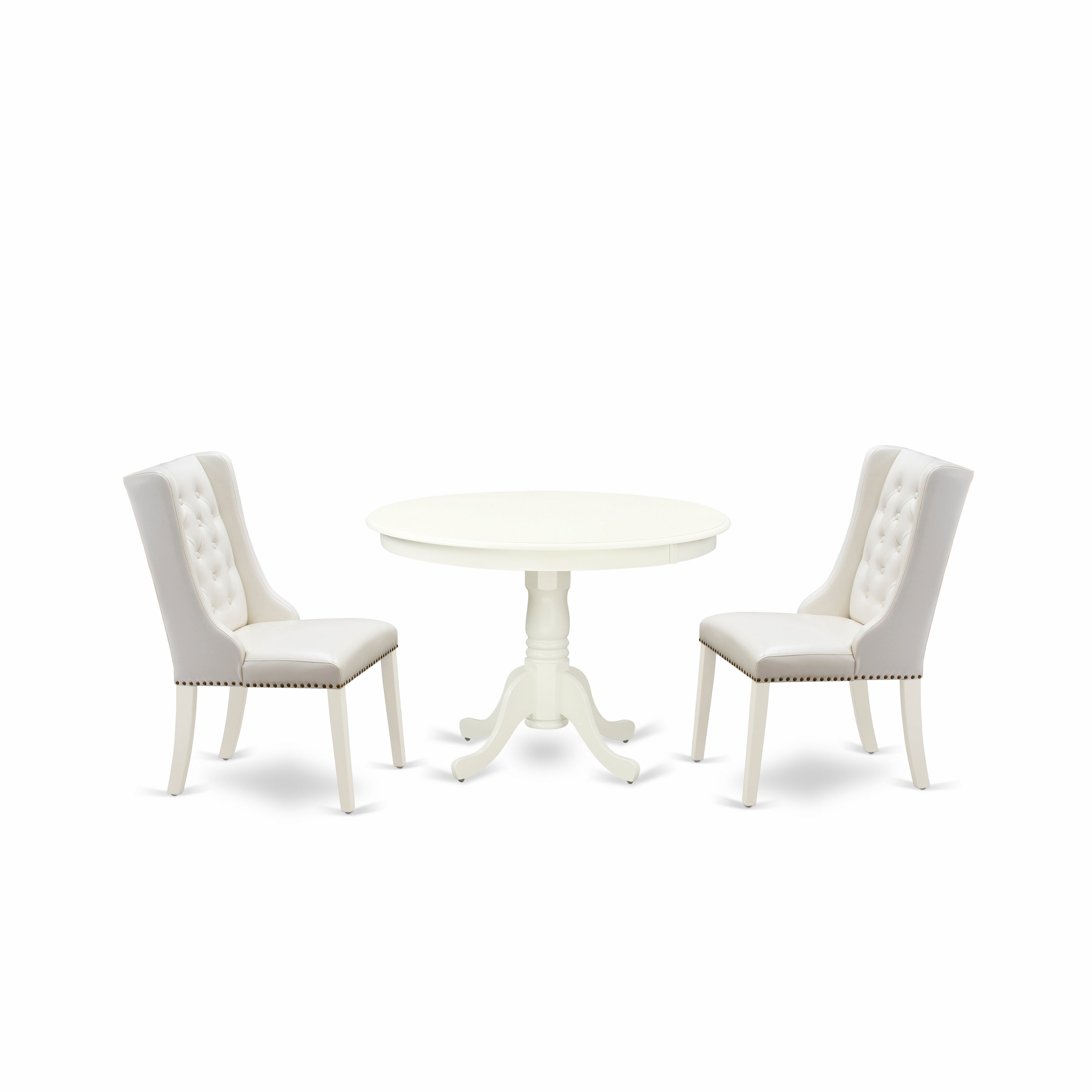 Juego de mesa de comedor de 3 piezas HLFO3-LWH-44 de East West Furniture. Contiene una mesa de comedor redonda con pedestal y 2 sillas Parsons de cuero sintético gris claro.
