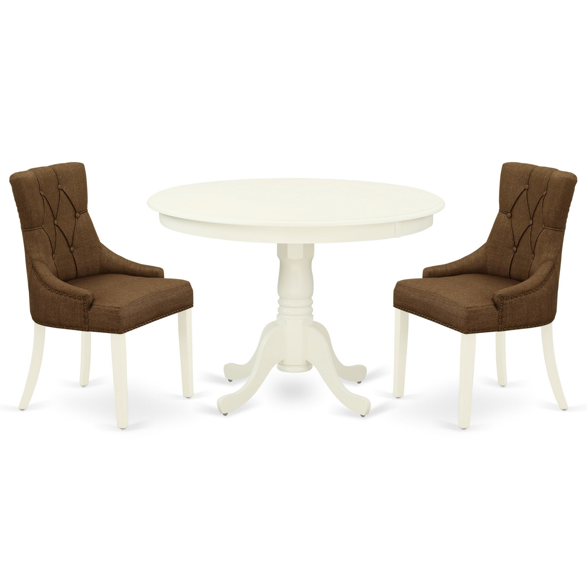Juego de mesa y sillas de cocina de 3 piezas HLFR3-LWH-18 de East West Furniture. Incluye una mesa de comedor redonda con pedestal y dos sillas Parson de tela de lino marrón.