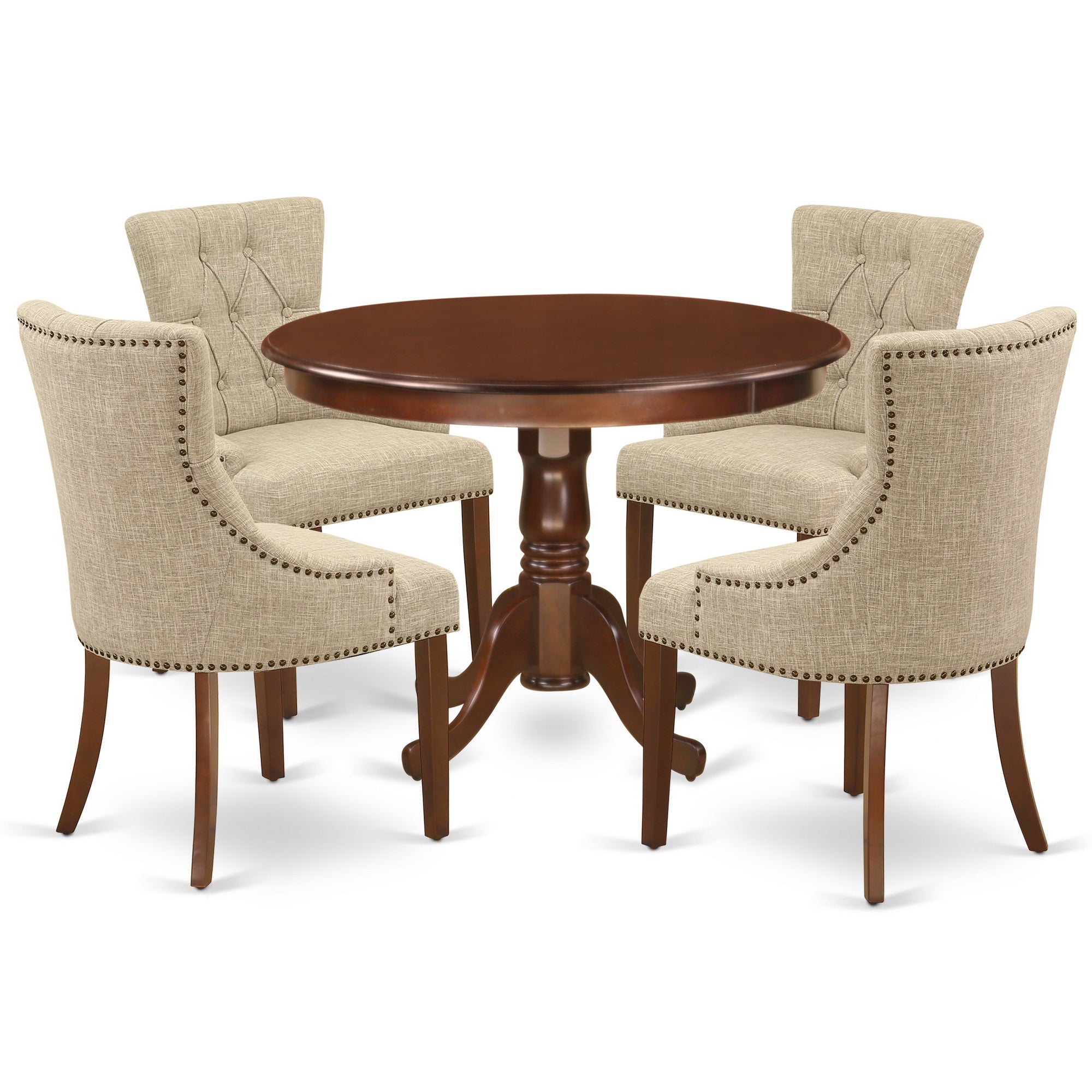 Juego de mesa de cocina de 5 piezas East West Furniture HLFR5-MAH-05 para 4 personas. Incluye una mesa de comedor redonda con pedestal y 4 sillas tapizadas en tela de lino y piel de venado.
