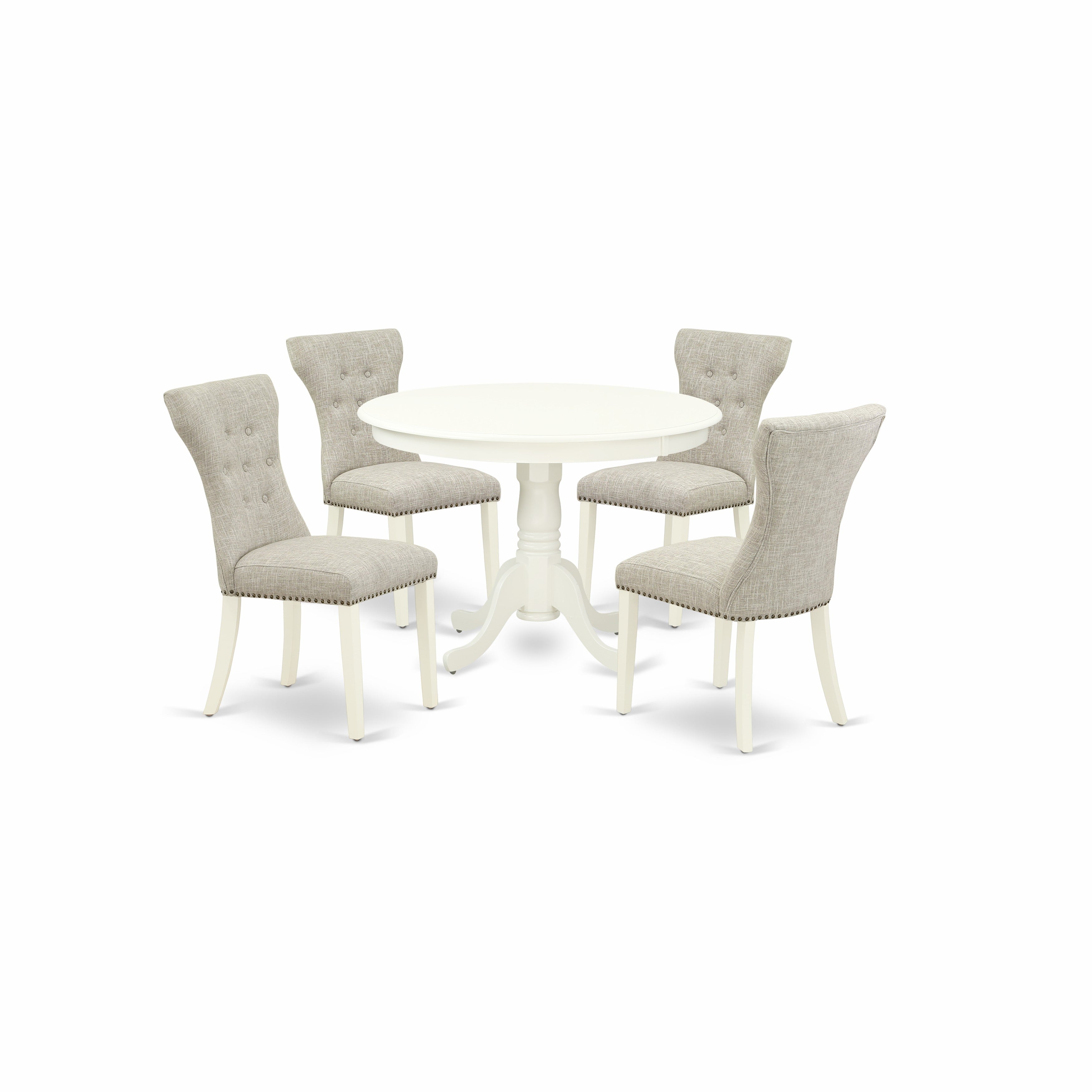 El juego de mesa de comedor de 5 piezas HLGA5-LWH-35 de East West Furniture incluye una mesa de comedor redonda con pedestal y 4 sillas Parsons de tela de lino y piel de venado.