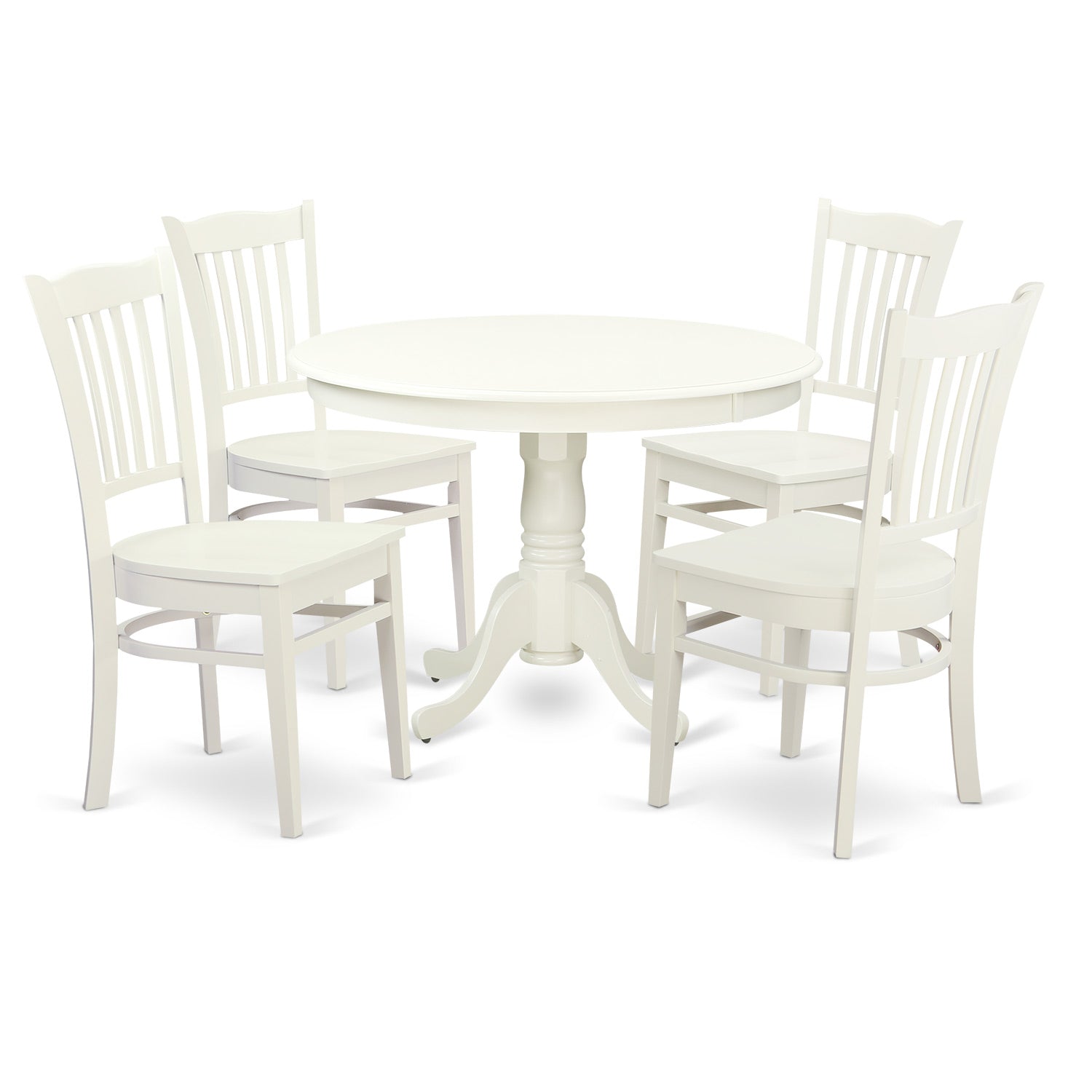 Juego de muebles de comedor de 5 piezas East West Furniture HLGR5-LWH-W. Incluye una mesa de comedor redonda con pedestal y 4 sillas con asiento de madera.