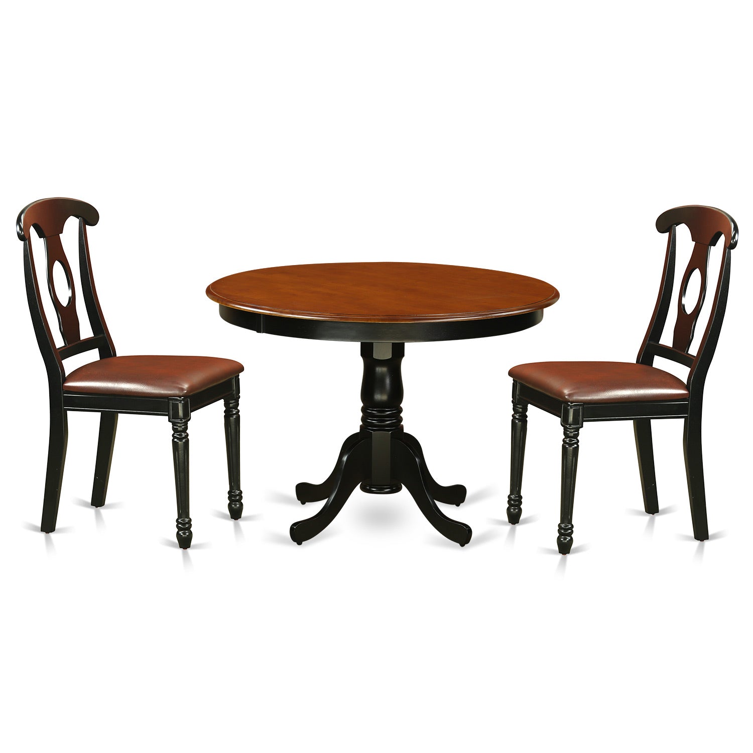 Juego de mesa y sillas de cocina de 3 piezas HLKE3-BCH-LC de East West Furniture. Incluye una mesa de comedor redonda con pedestal y 2 sillas tapizadas en piel sintética.