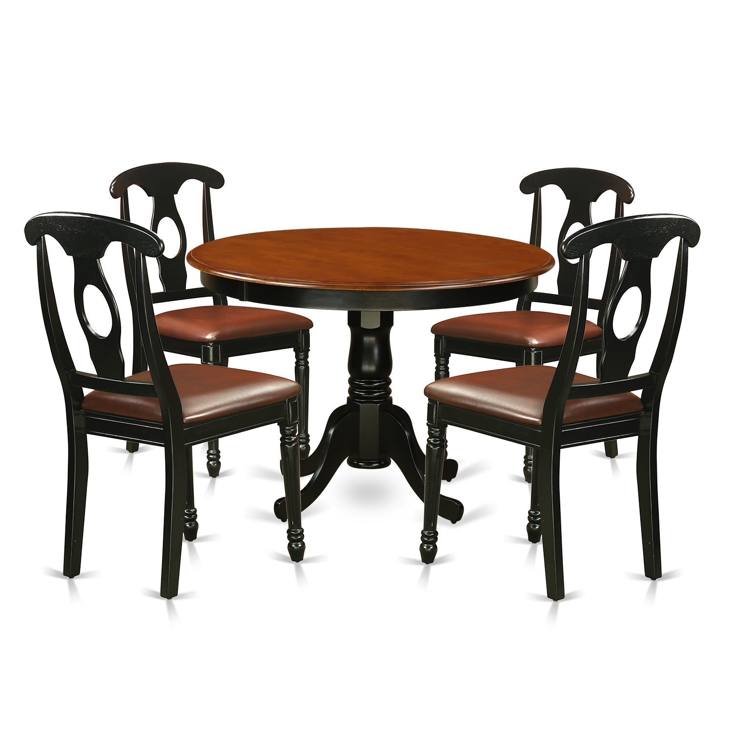 El juego de mesa y sillas de cocina de 5 piezas HLKE5-BCH-LC de East West Furniture incluye una mesa de comedor redonda con pedestal y 4 sillas de comedor tapizadas en piel sintética.