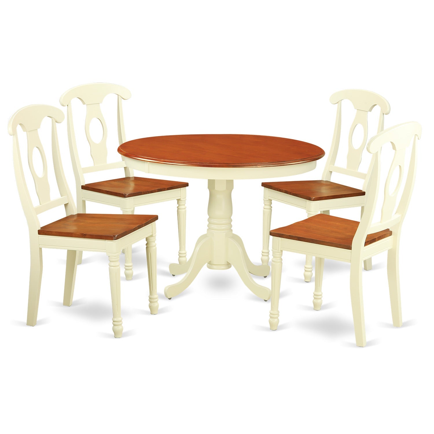 Juego de mesa de cocina de 5 piezas East West Furniture HLKE5-BMK-W para 4 personas. Incluye una mesa de comedor redonda con pedestal y 4 sillas de comedor.