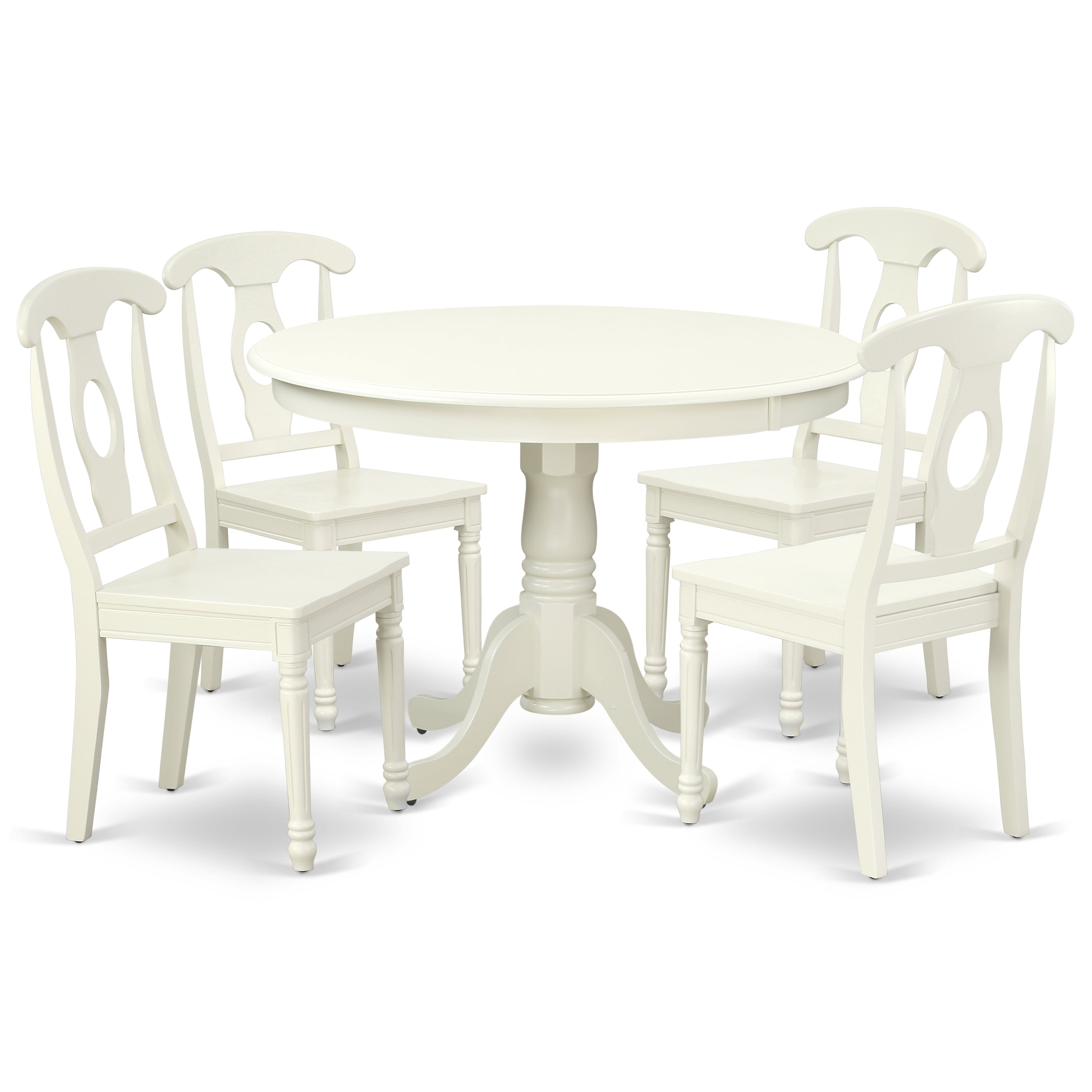 Juego de mesa de comedor de 5 piezas East West Furniture HLKE5-LWH-W. Incluye una mesa de cocina redonda con pedestal y 4 sillas de comedor.