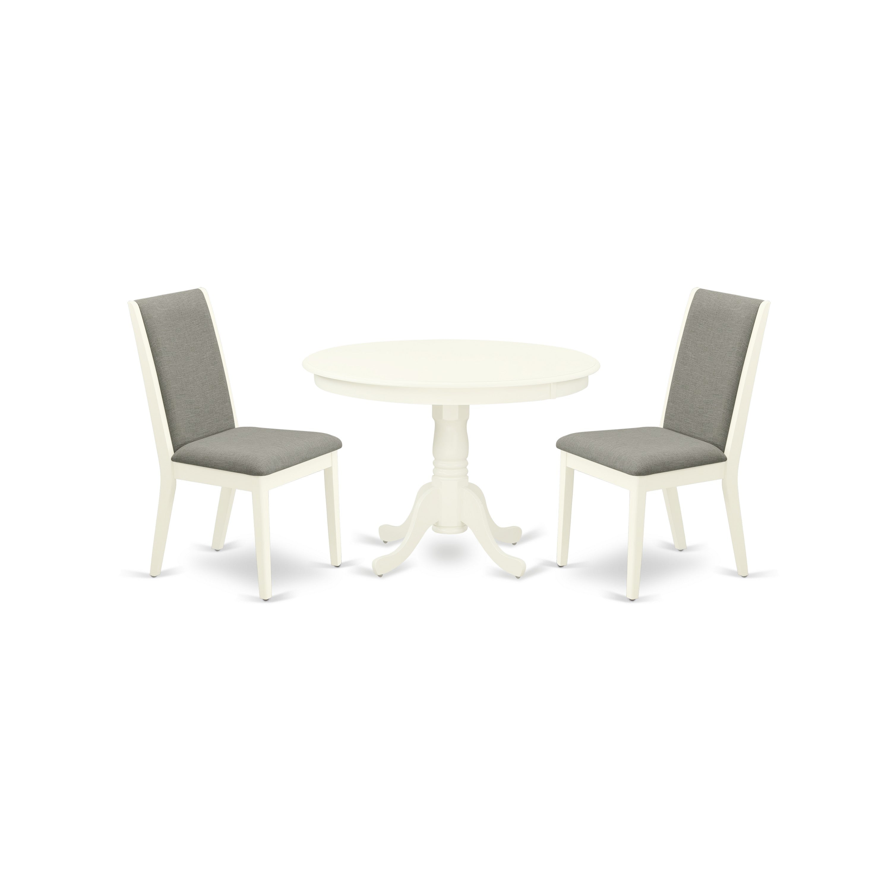 East West Furniture HLLA3-LWH-06 3-Pc Round Kitchen Table Set Included a Round Kitchen Table & 2 Kitchen Parson Chairs, Shitake Linen Fabric Kitchen Chairs Seat with Rubber Wood Legs, Linen White Finish