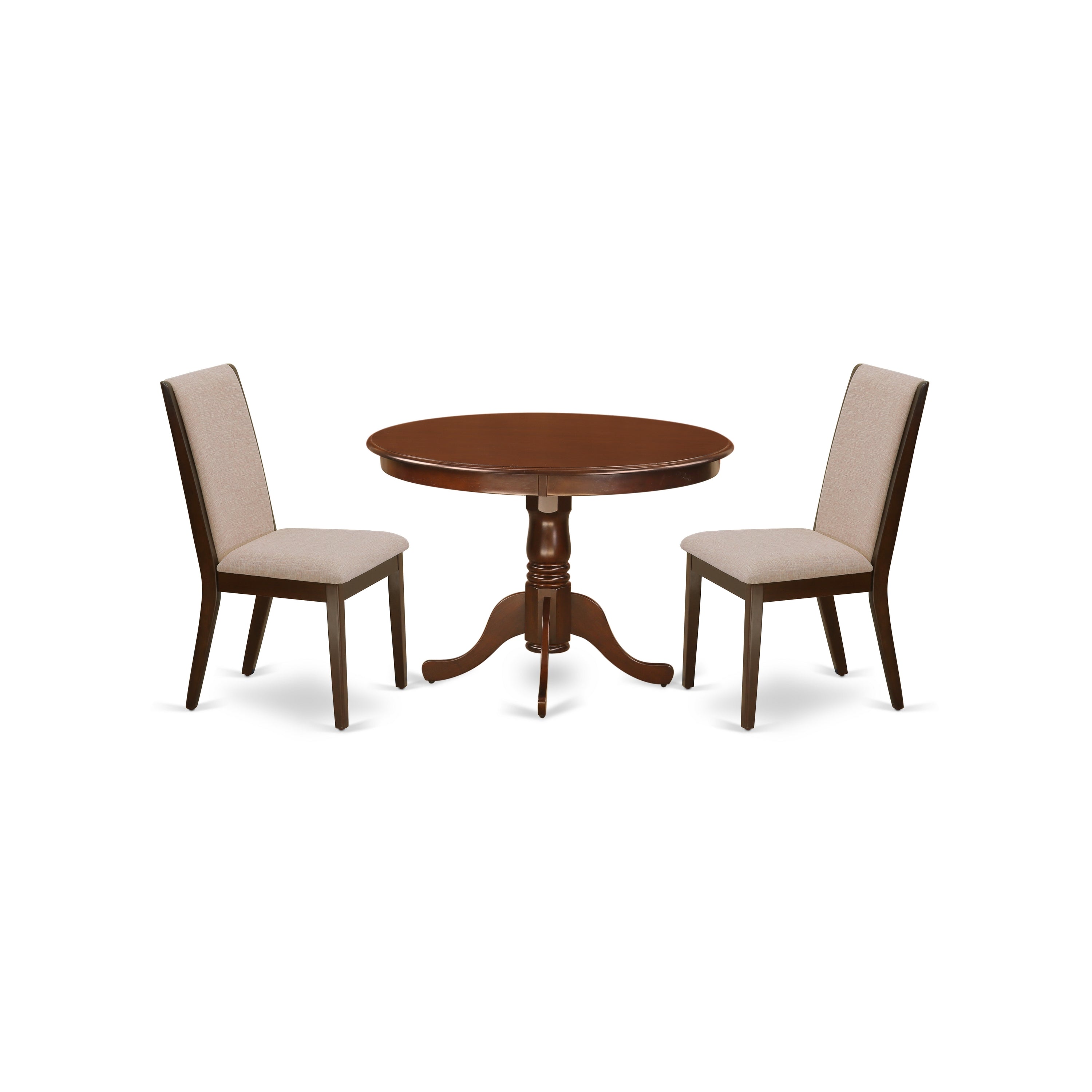 East West Furniture HLLA3-MAH-04 3-Piece Dining Kitchen Table Set Included a Pedestal Dining Table & 2 Modern Dining Chairs, Light Tan Linen Fabric Padded Parson Chairs Seat with Rubber Wood Legs, Mahogany Finish