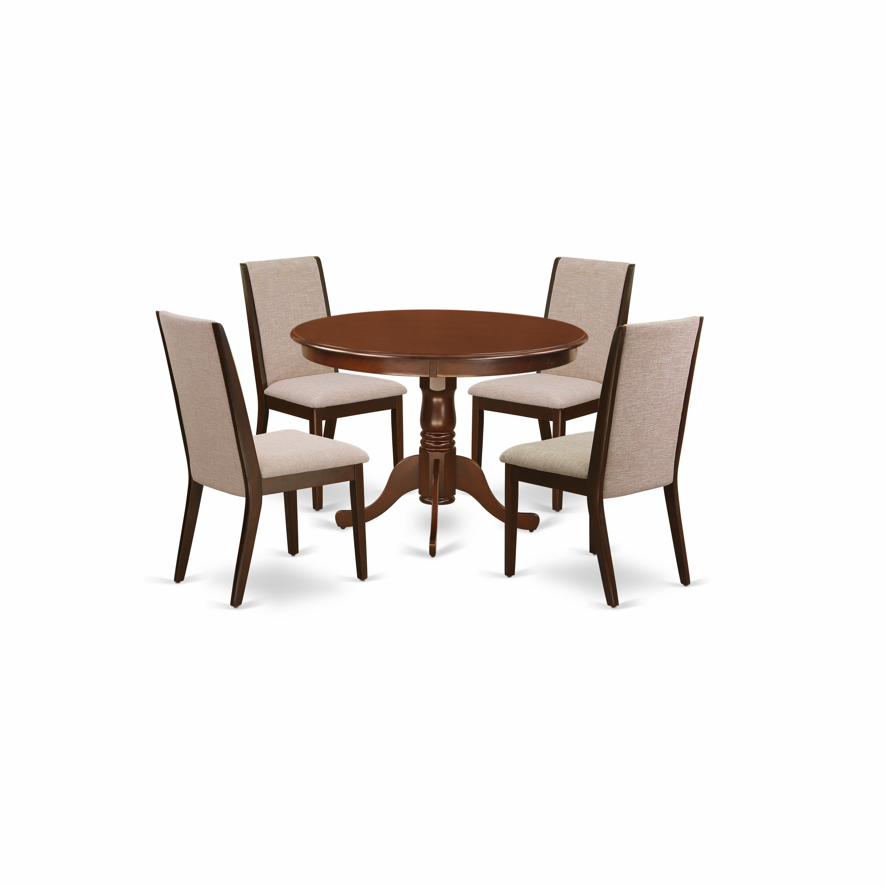 East West Furniture HLLA5-MAH-04 5-Piece Dining Room Table Set- 4 Dining Chairs and Small Round Table Hardwood Structure -High Back & Mahogany Finish