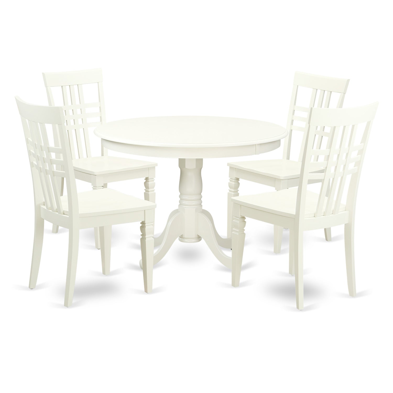 Juego de comedor de 5 piezas East West Furniture HLLG5-LWH-W para 4 personas. Incluye una mesa de comedor redonda con pedestal y 4 sillas de comedor.