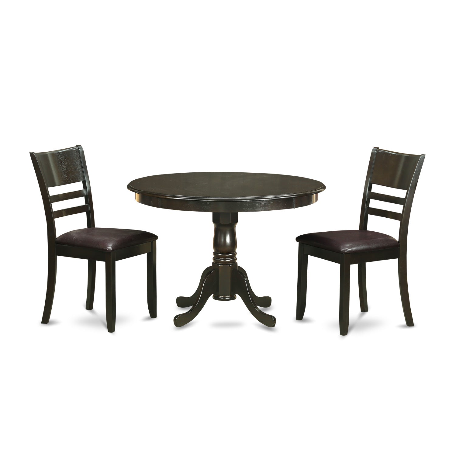 Juego de mesa de comedor moderna de 3 piezas HLLY3-CAP-LC de East West Furniture. Contiene una mesa redonda de madera con pedestal y 2 sillas de comedor de piel sintética.