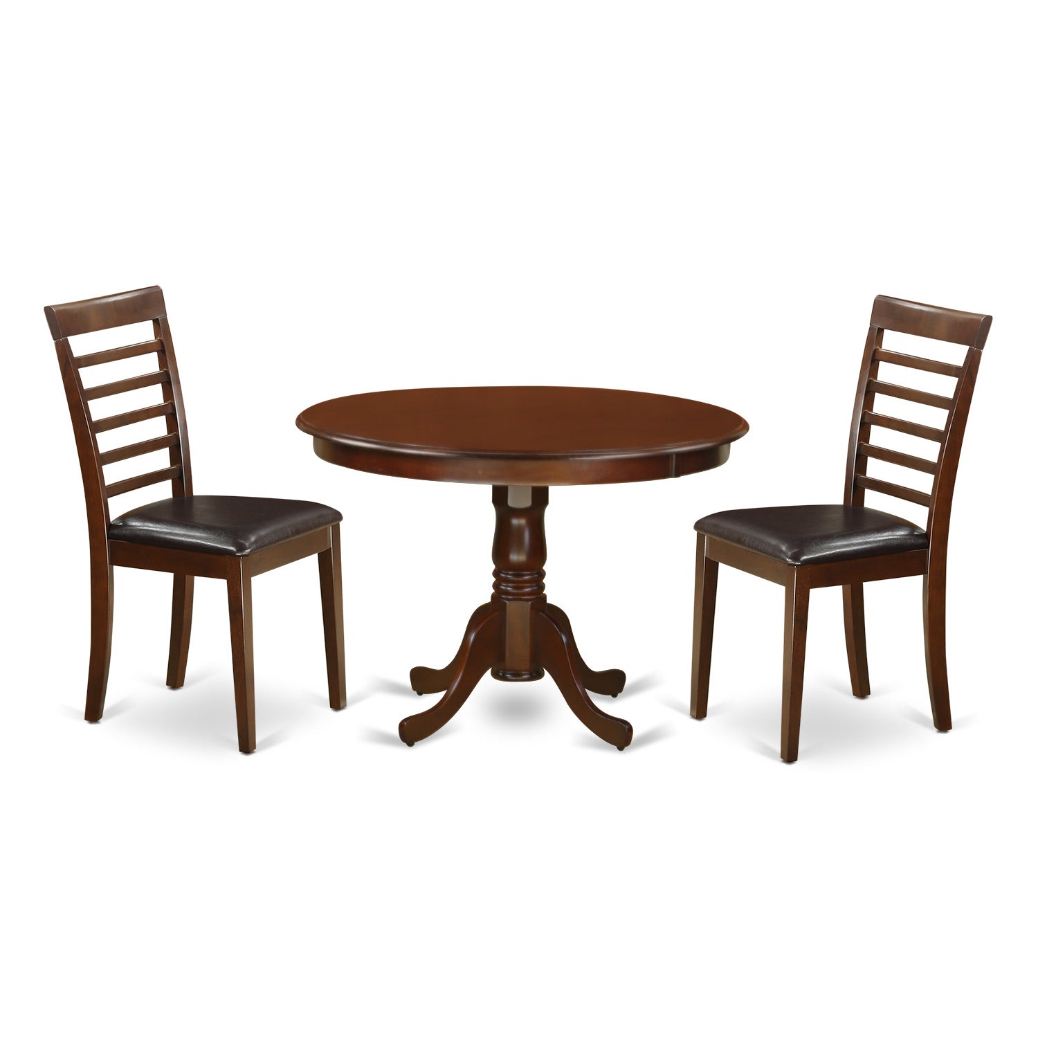 Juego de mesa de comedor de 3 piezas East West Furniture HLML3-MAH-LC para espacios pequeños. Contiene una mesa de comedor redonda con pedestal y 2 sillas tapizadas en piel sintética.