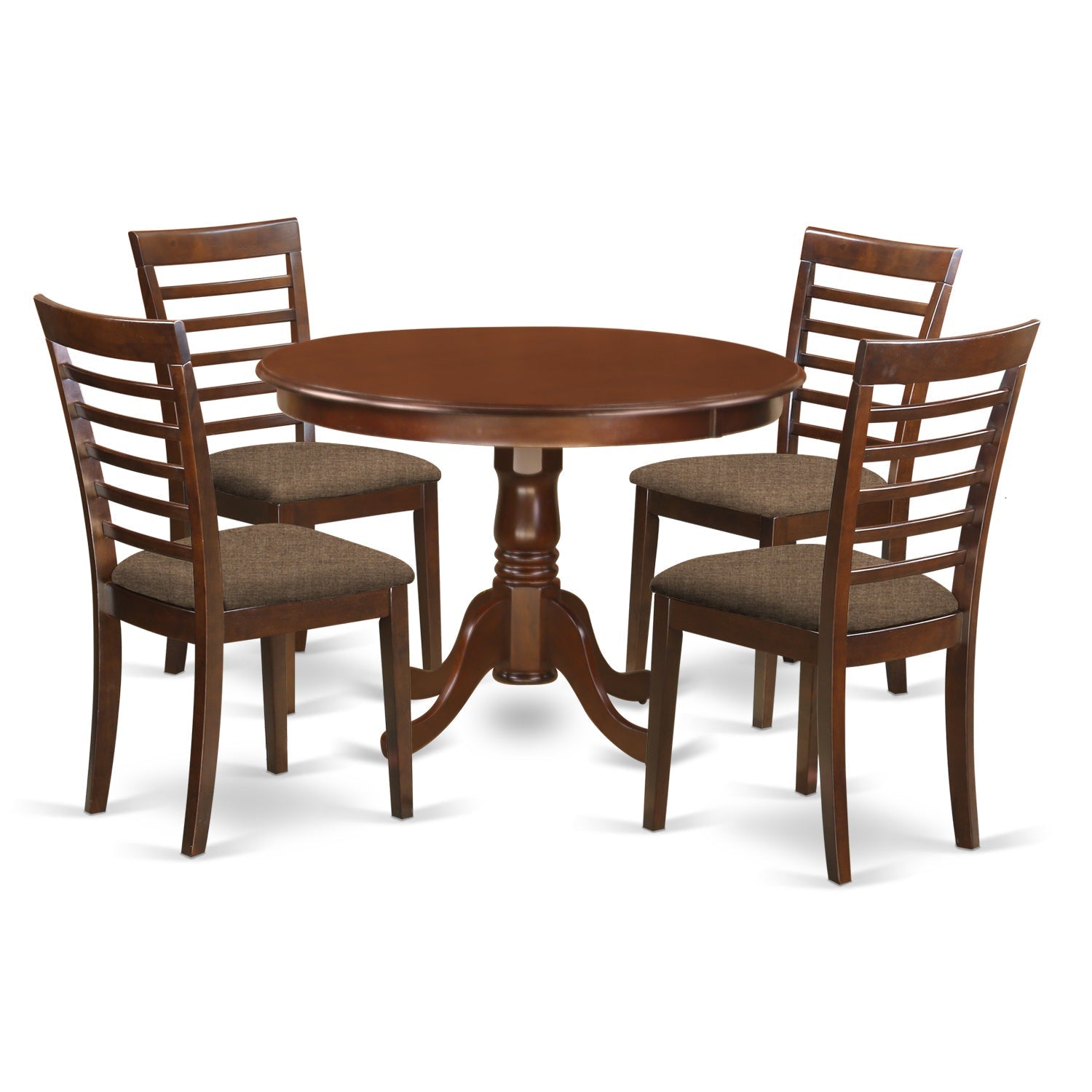 Juego de mesa de comedor de 5 piezas East West Furniture HLML5-MAH-C para 4 personas. Incluye una mesa de cocina redonda con pedestal y 4 sillas de comedor de tela de lino.
