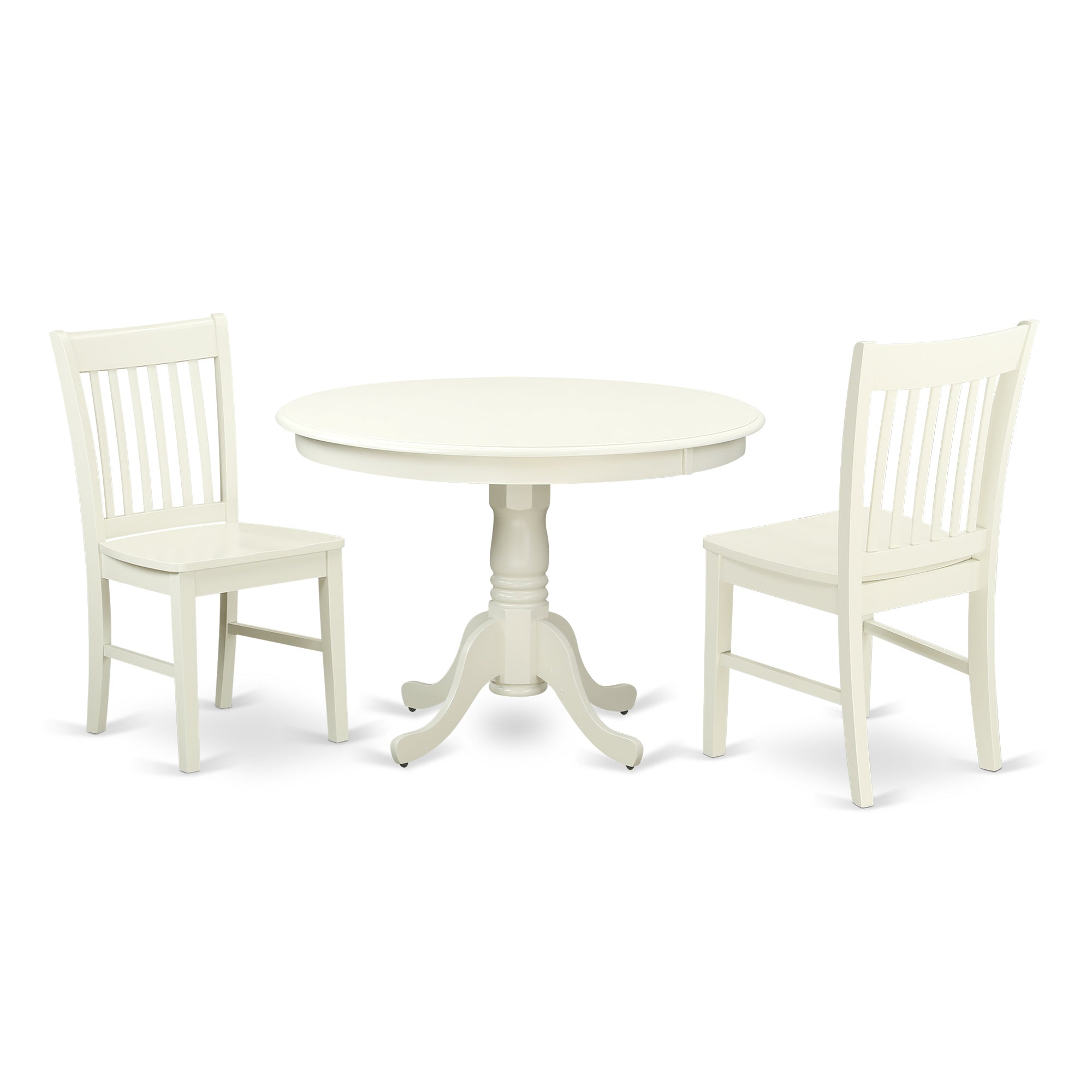 HLNO3-LWH-W 3 Piece Hartland Set With One Round 42in Dinette Table And Two Dinette Chairs With Wood Seat In A warm Linen White Finish.