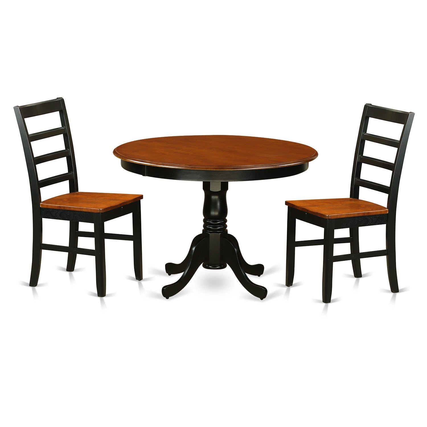 Juego de mesa de comedor de 3 piezas East West Furniture HLPF3-BCH-W para espacios pequeños. Contiene una mesa de comedor redonda con pedestal y 2 sillas con asiento de madera.