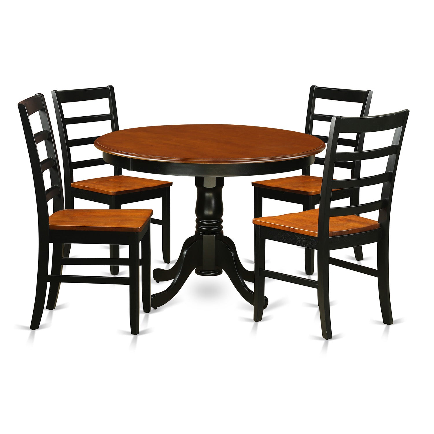 Juego de muebles de comedor de 5 piezas East West Furniture HLPF5-BCH-W. Incluye una mesa de comedor redonda con pedestal y 4 sillas con asiento de madera.