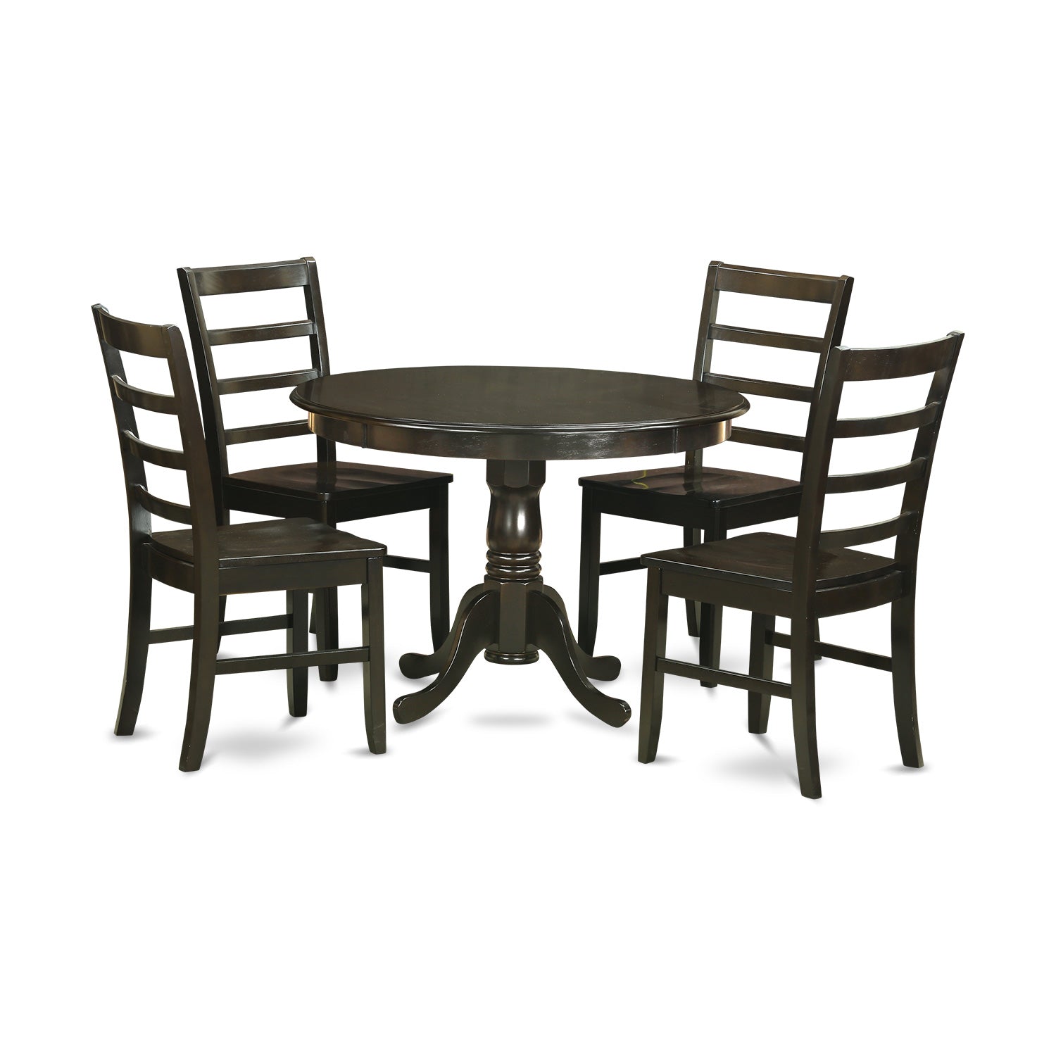 Juego de comedor de 5 piezas East West Furniture HLPF5-CAP-W para 4 personas. Incluye una mesa de comedor redonda con pedestal y 4 sillas de comedor.