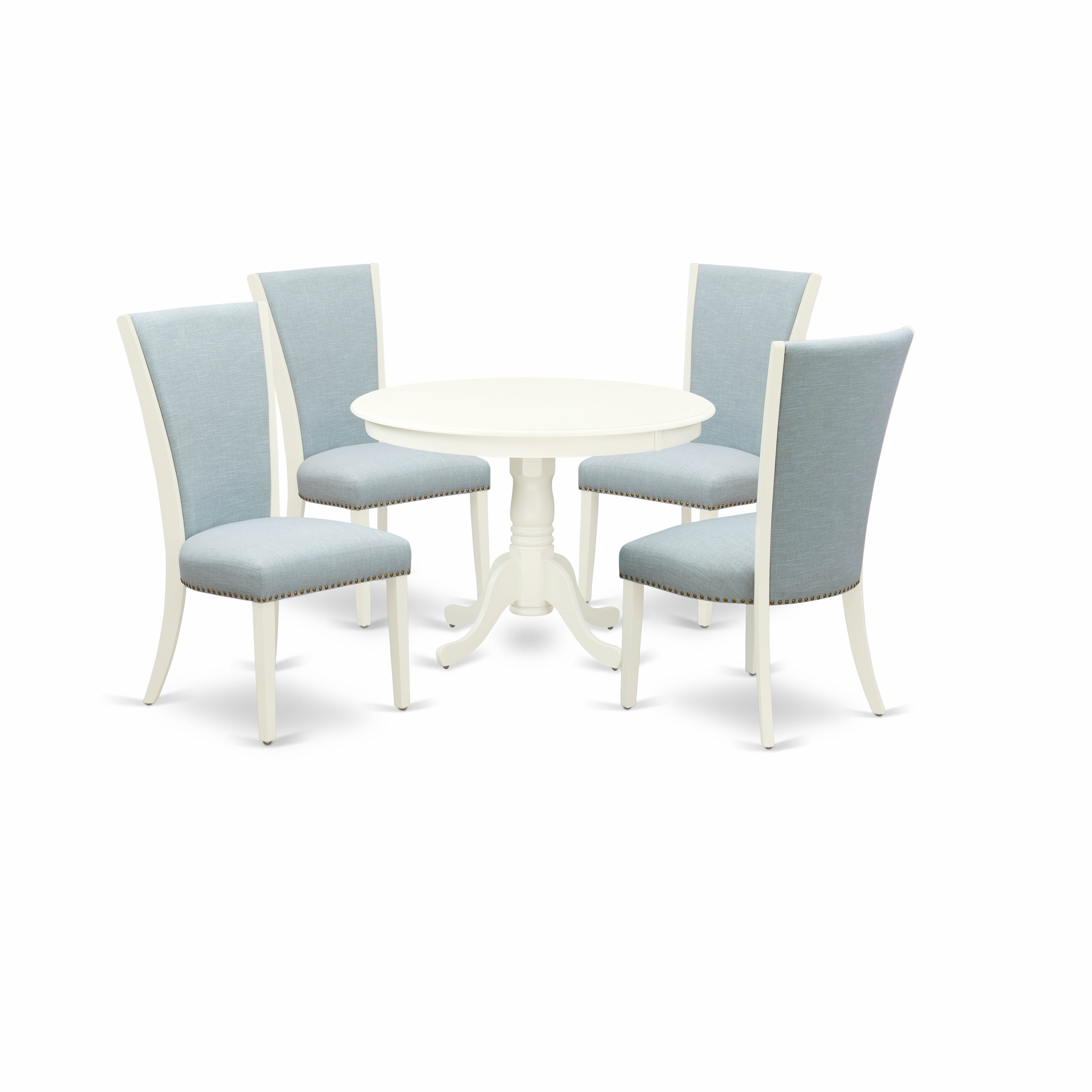 EAST WEST FURNITURE - HLVE5-LWH-15 - 5 Piece Dining Room Table Set - 4 Baby Blue Linen Fabric Parson Dining Room Chairs with High Back and 1 Beautiful Round Dining Table - linen white Finish