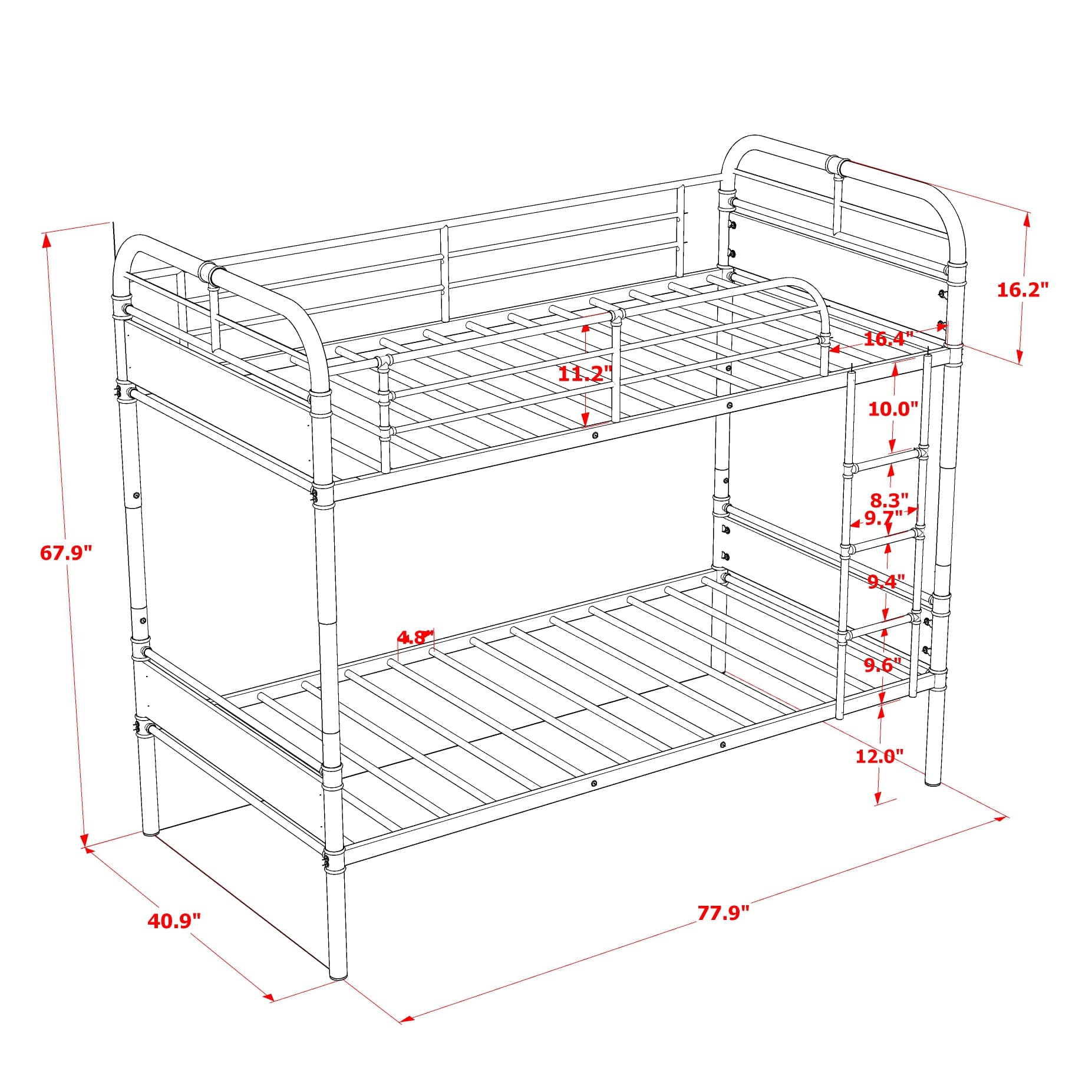 East West Furniture HYT0B01-1 Hedley Bunk Bed Frame with 4 Metal Legs - Magnificent Twin Bed in Powder Coating Black Color and Wea Ther Wood Laminate