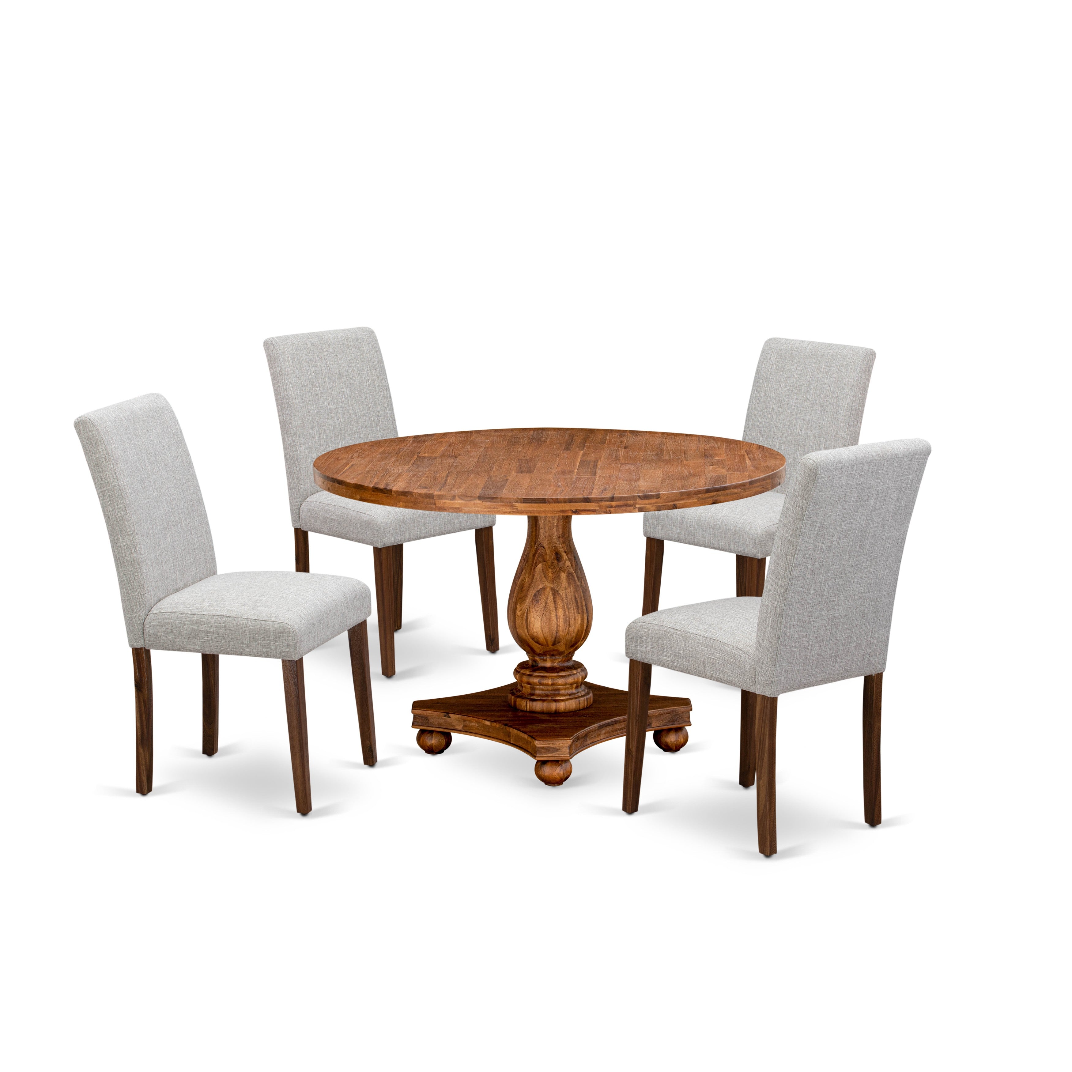 El juego de comedor de 5 piezas East West Furniture I2AB5-N35 incluye una mesa de comedor redonda con pedestal y 4 sillas Parson tapizadas en tela de lino y piel de venado.