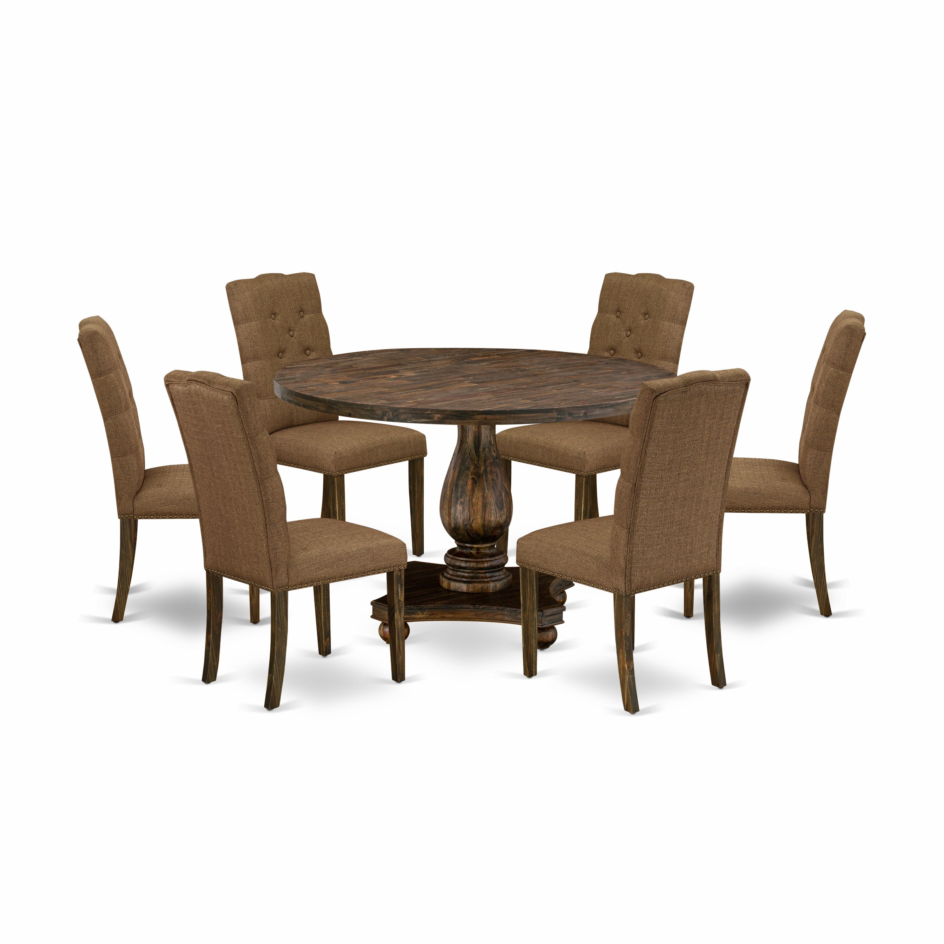 Juego de mesa de cocina de 7 piezas East West Furniture I2EL7-718 compuesto por una mesa de comedor redonda con pedestal y 6 sillas Parson de tela de lino marrón.