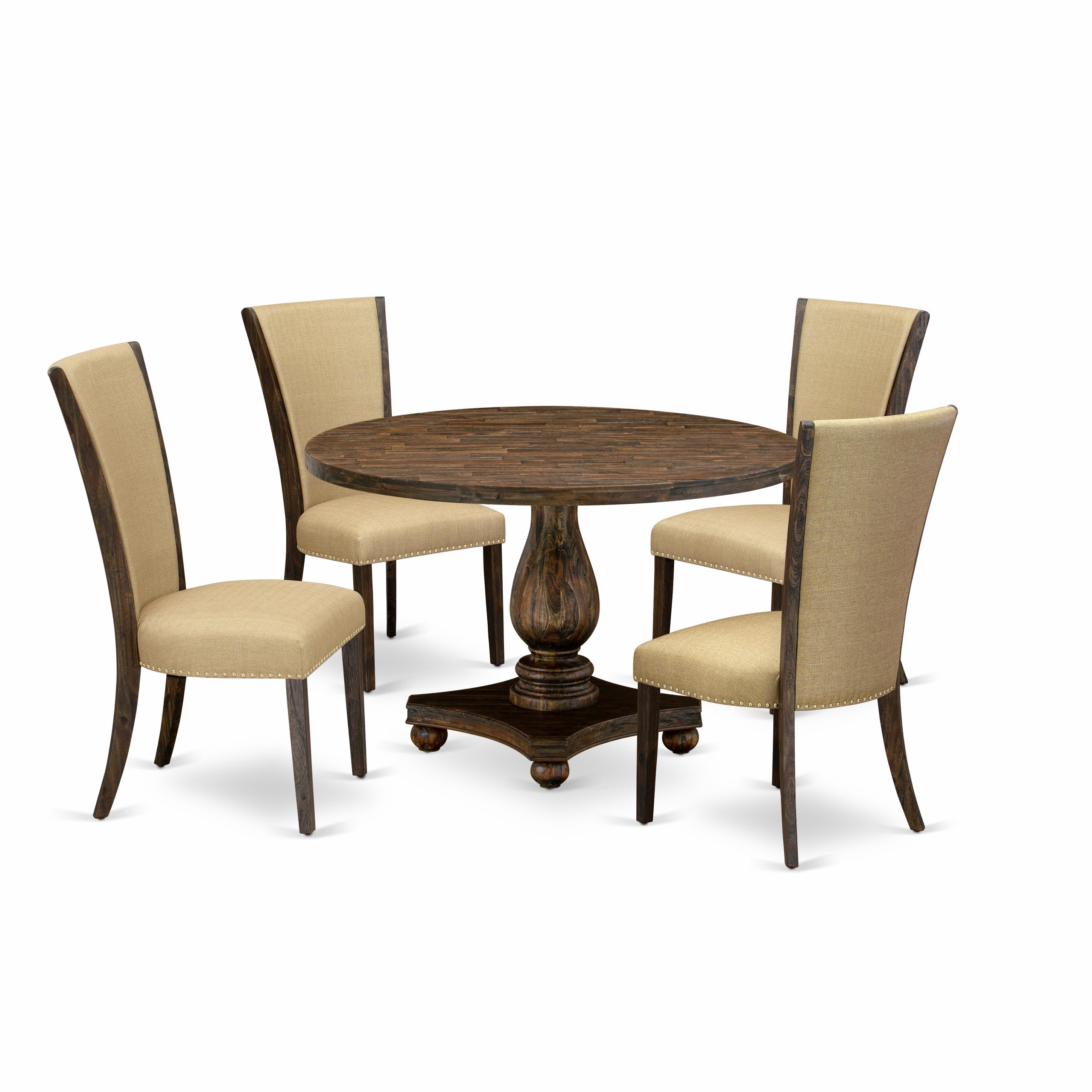 El juego de mesa y sillas de cocina de 5 piezas East West Furniture I2VE5-703 incluye una mesa de comedor redonda con pedestal y 4 sillas de comedor Parsons de tela de lino marrón.
