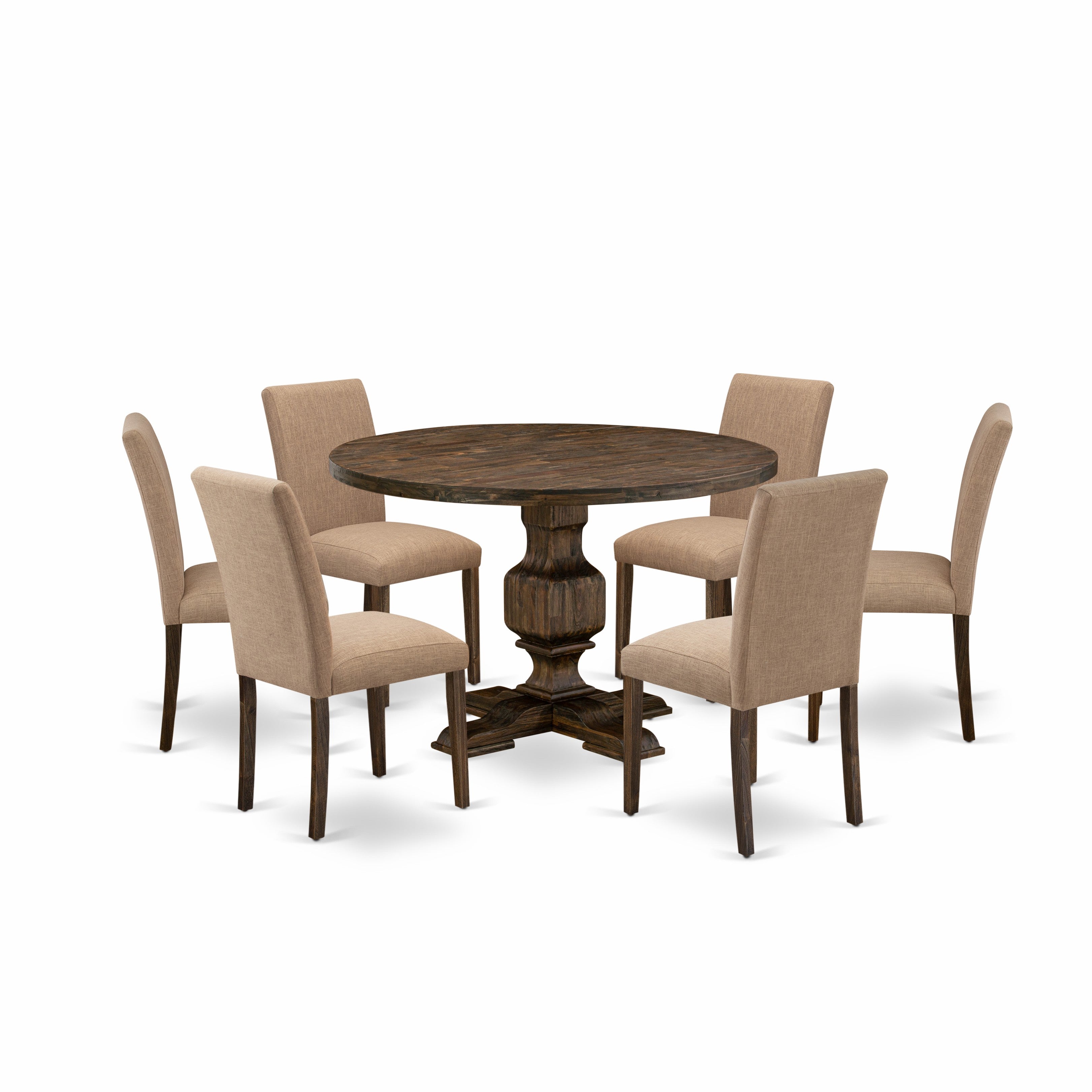 East West Furniture I3AB7-747 7 Piece Table Set Includes a Dining Room Table and 6 Light Sable Linen Fabric Mid Century Modern Chairs with High Back - Distressed Jacobean Finish