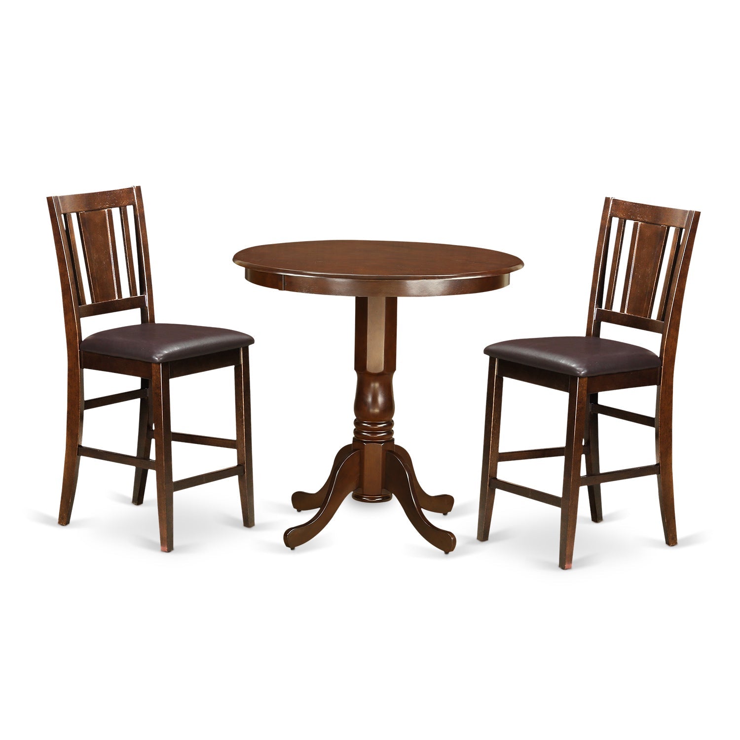 Juego de mesa de comedor de 3 piezas East West Furniture JABU3-MAH-LC con altura de mostrador. Incluye una mesa redonda de madera con pedestal y 2 sillas de comedor de cocina de cuero sintético.