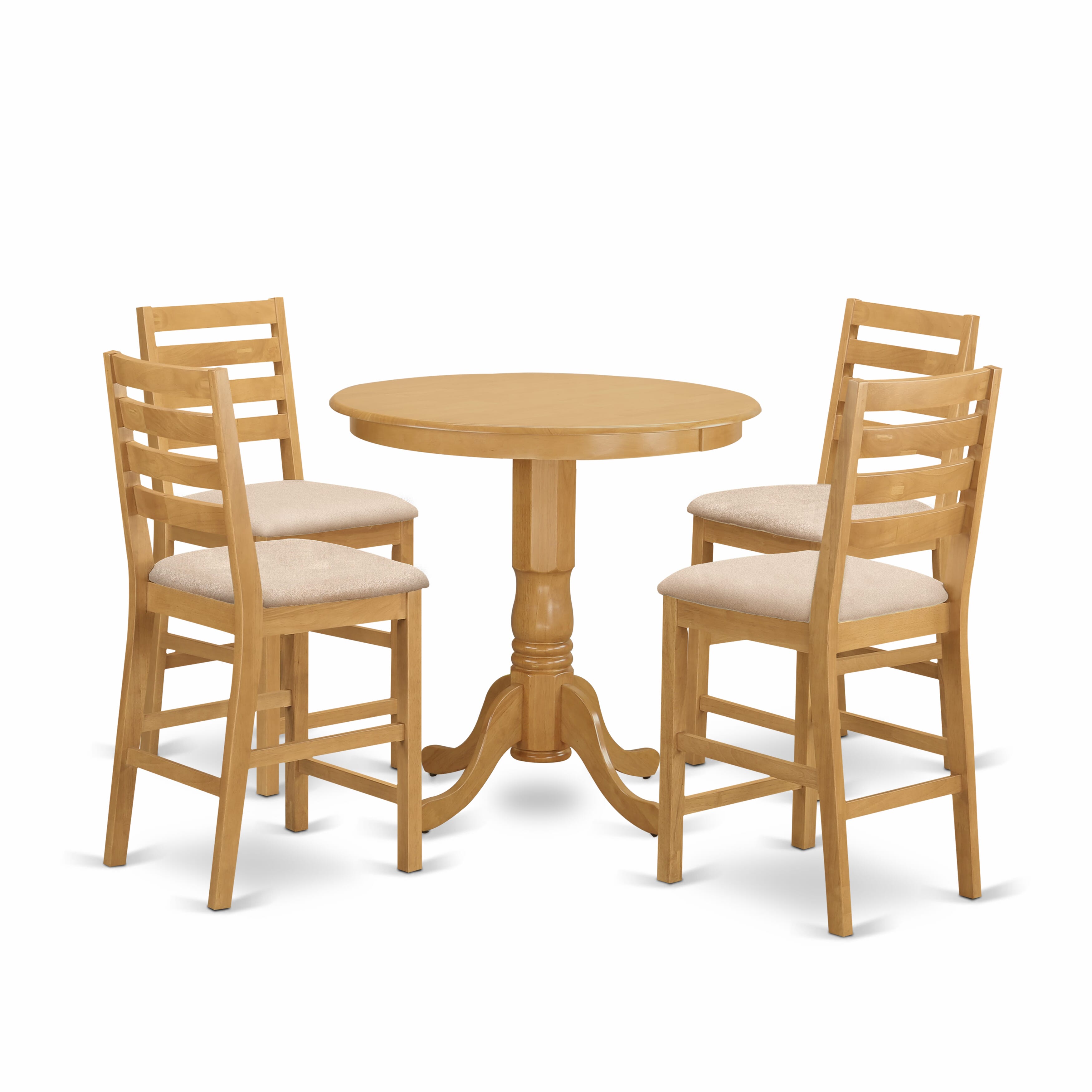 Juego de pub de 5 piezas East West Furniture JACF5-OAK-C con altura de mostrador. Incluye una mesa de comedor redonda con pedestal y 4 sillas de cocina tapizadas en tela de lino.