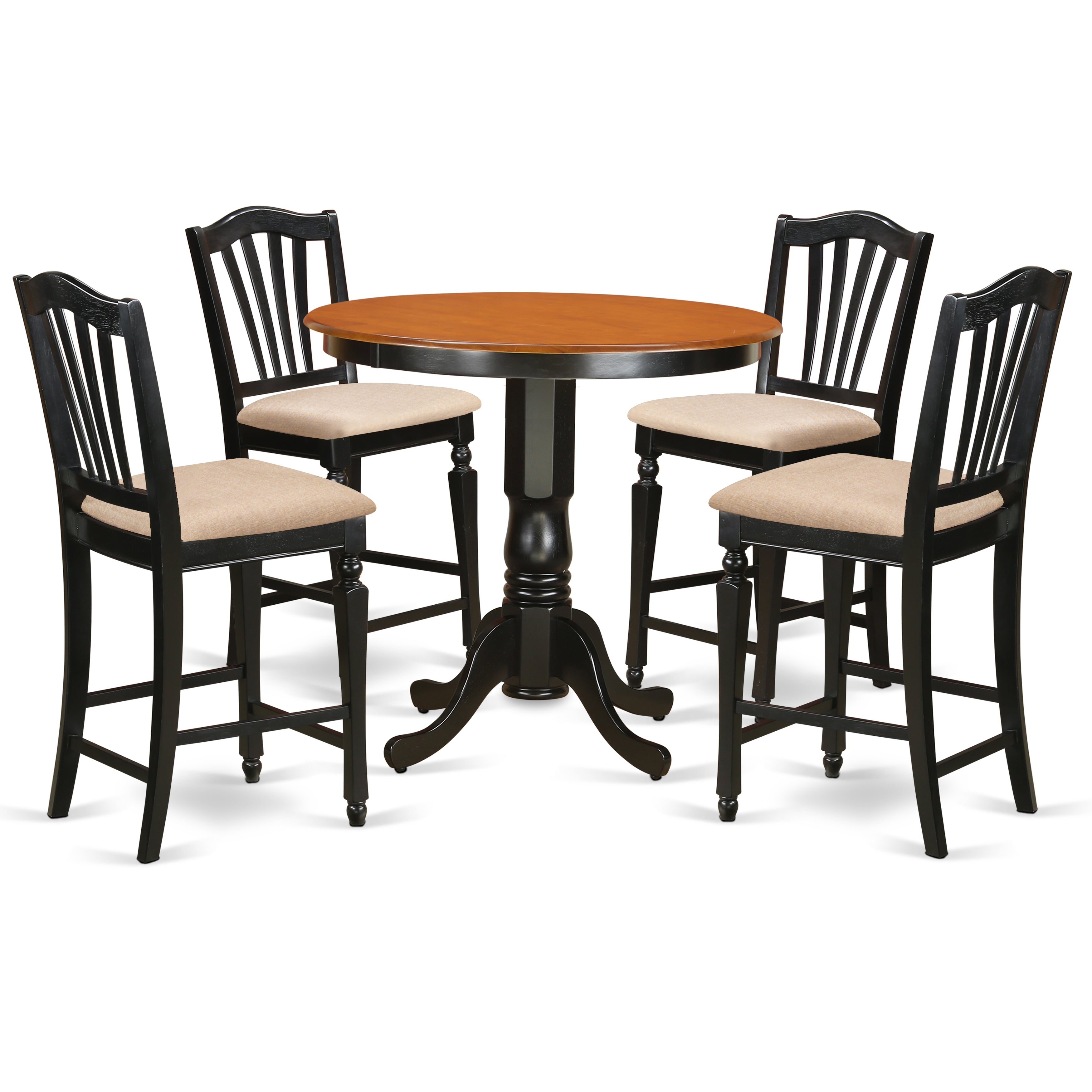 El juego de encimera de cocina de 5 piezas East West Furniture JACH5-BLK-C incluye una mesa de comedor redonda con pedestal y 4 sillas de comedor tapizadas en tela de lino.