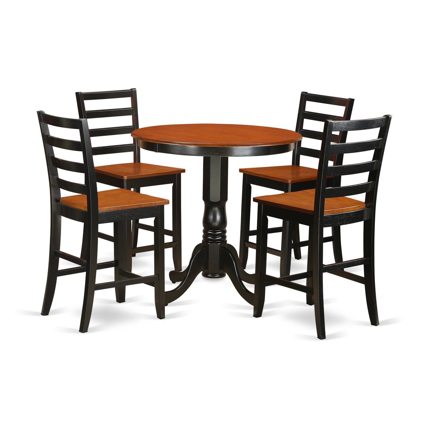 Juego de pub de 5 piezas East West Furniture JAFA5-BLK-W con altura de mostrador. Incluye una mesa de comedor redonda con pedestal y 4 sillas de comedor de cocina.