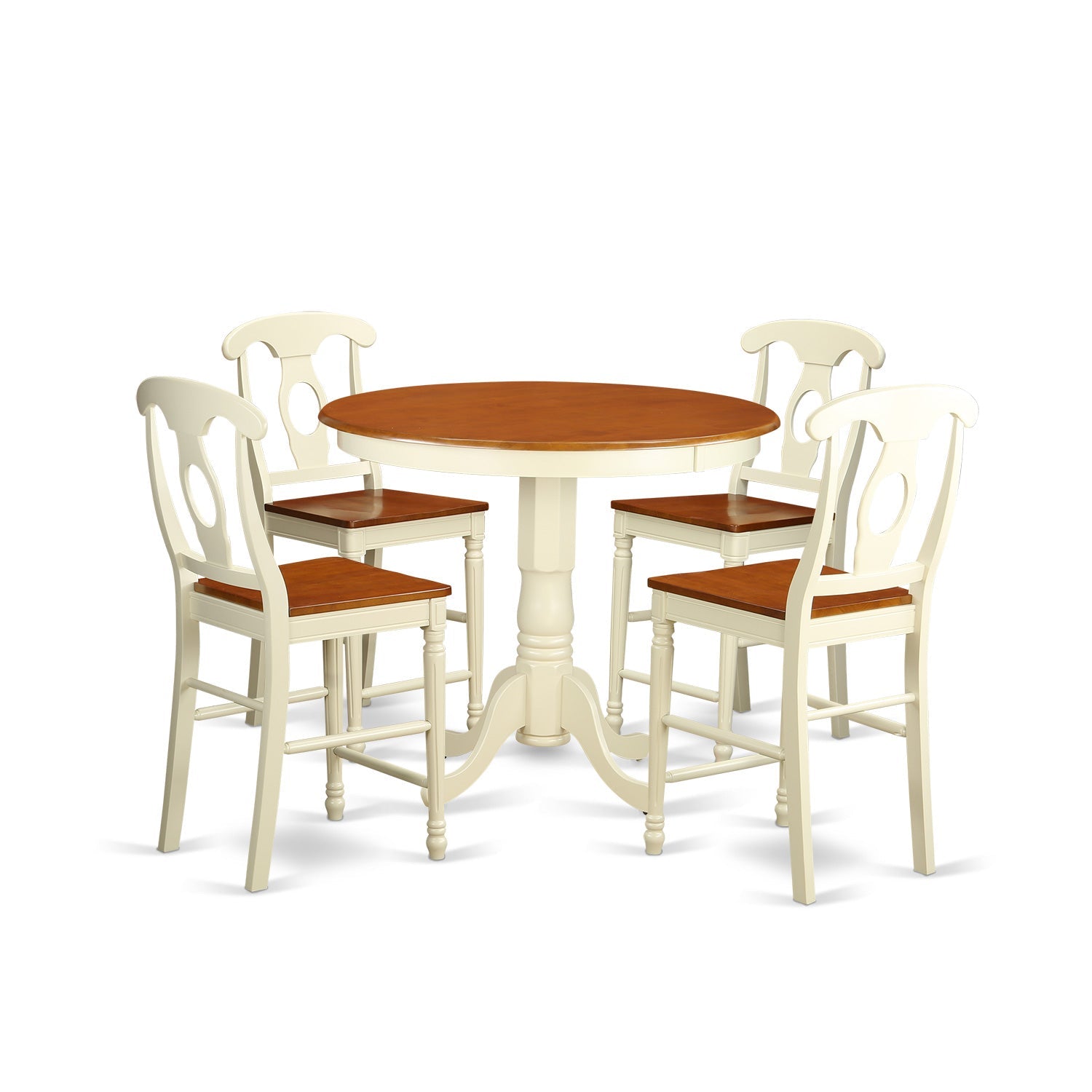 Juego de mesa de comedor de 5 piezas con altura de mostrador para cocina JAKE5-WHI-W de East West Furniture. Incluye una mesa redonda de madera con pedestal y 4 sillas de comedor.