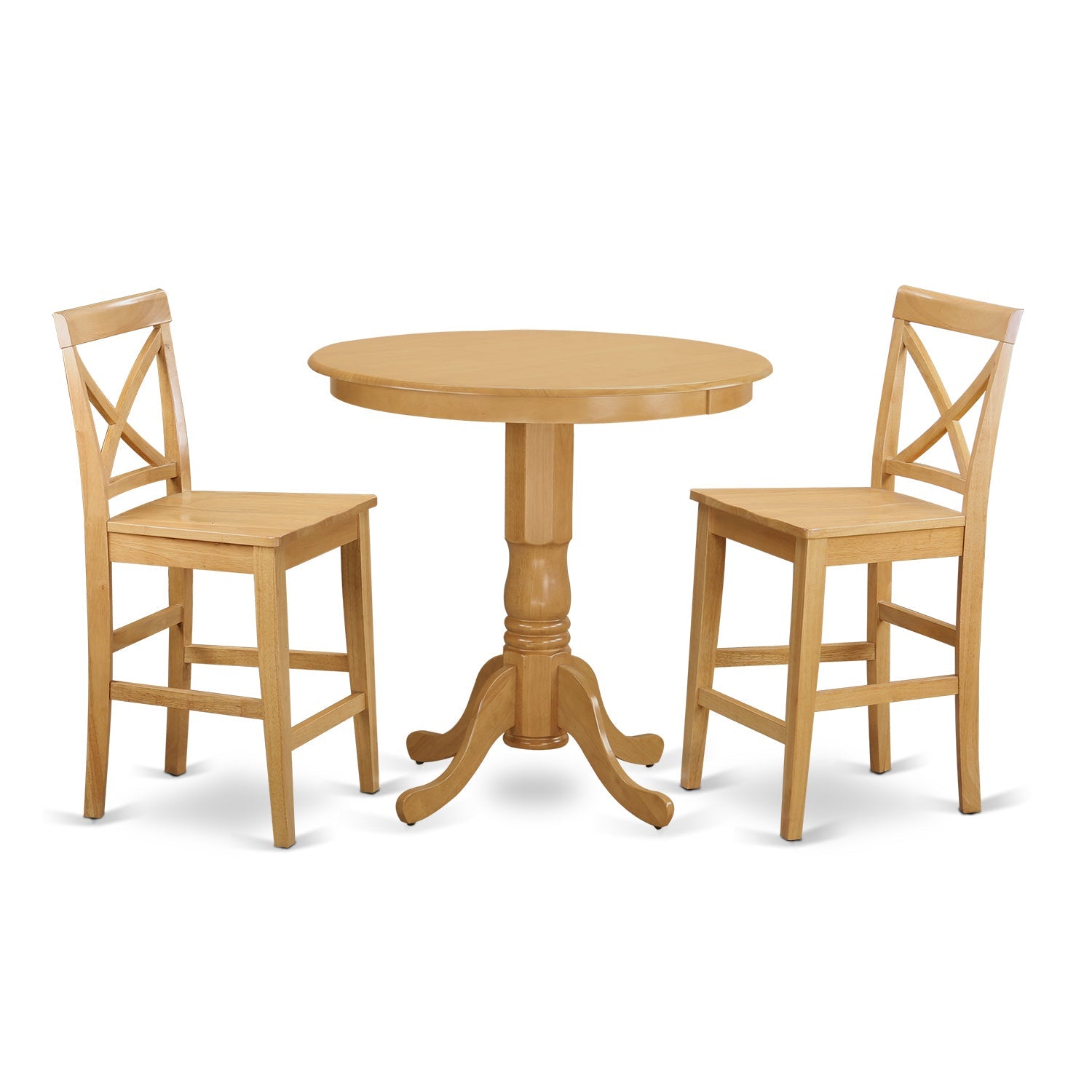 Juego de pub de 3 piezas East West Furniture JAPB3-OAK-W con altura de mostrador para espacios pequeños. Contiene una mesa de cocina redonda con pedestal y 2 sillas de comedor.