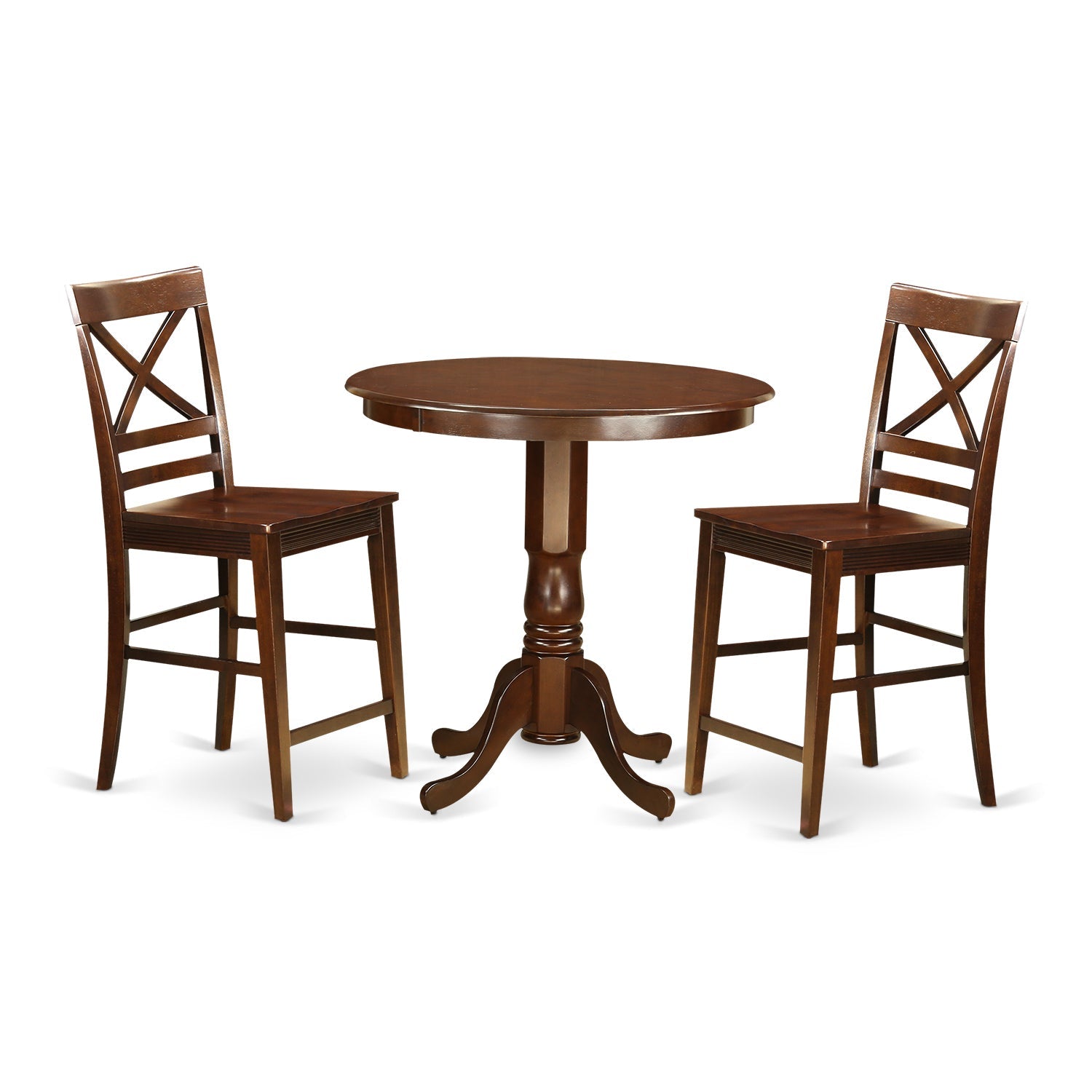Juego de pub de 3 piezas East West Furniture JAQU3-MAH-W con altura de mostrador para espacios pequeños. Contiene una mesa de comedor redonda con pedestal y 2 sillas de cocina.