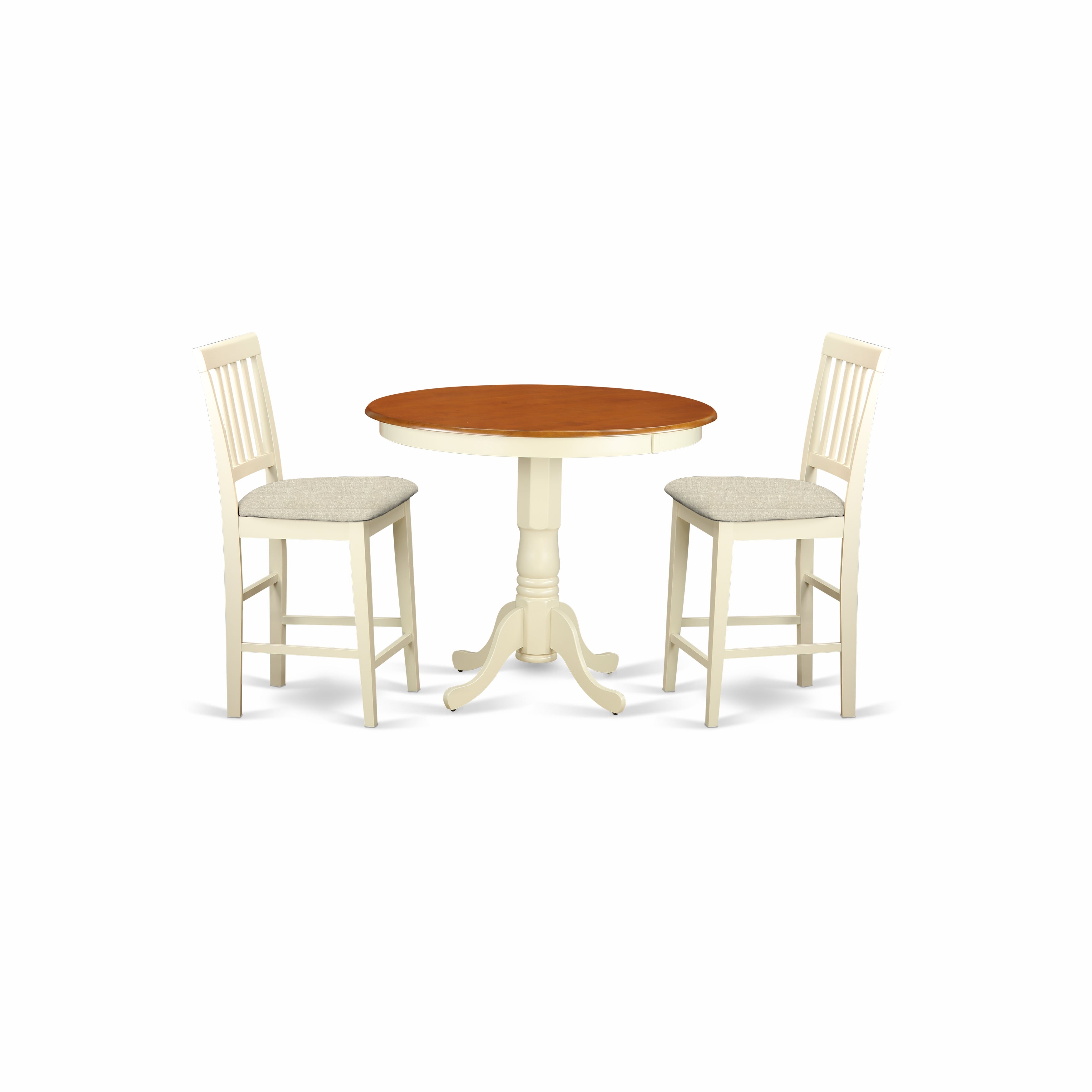Juego de pub de 3 piezas East West Furniture JAVN3-WHI-C con altura de mostrador para espacios pequeños. Contiene una mesa redonda de madera con pedestal y 2 sillas tapizadas en tela de lino.