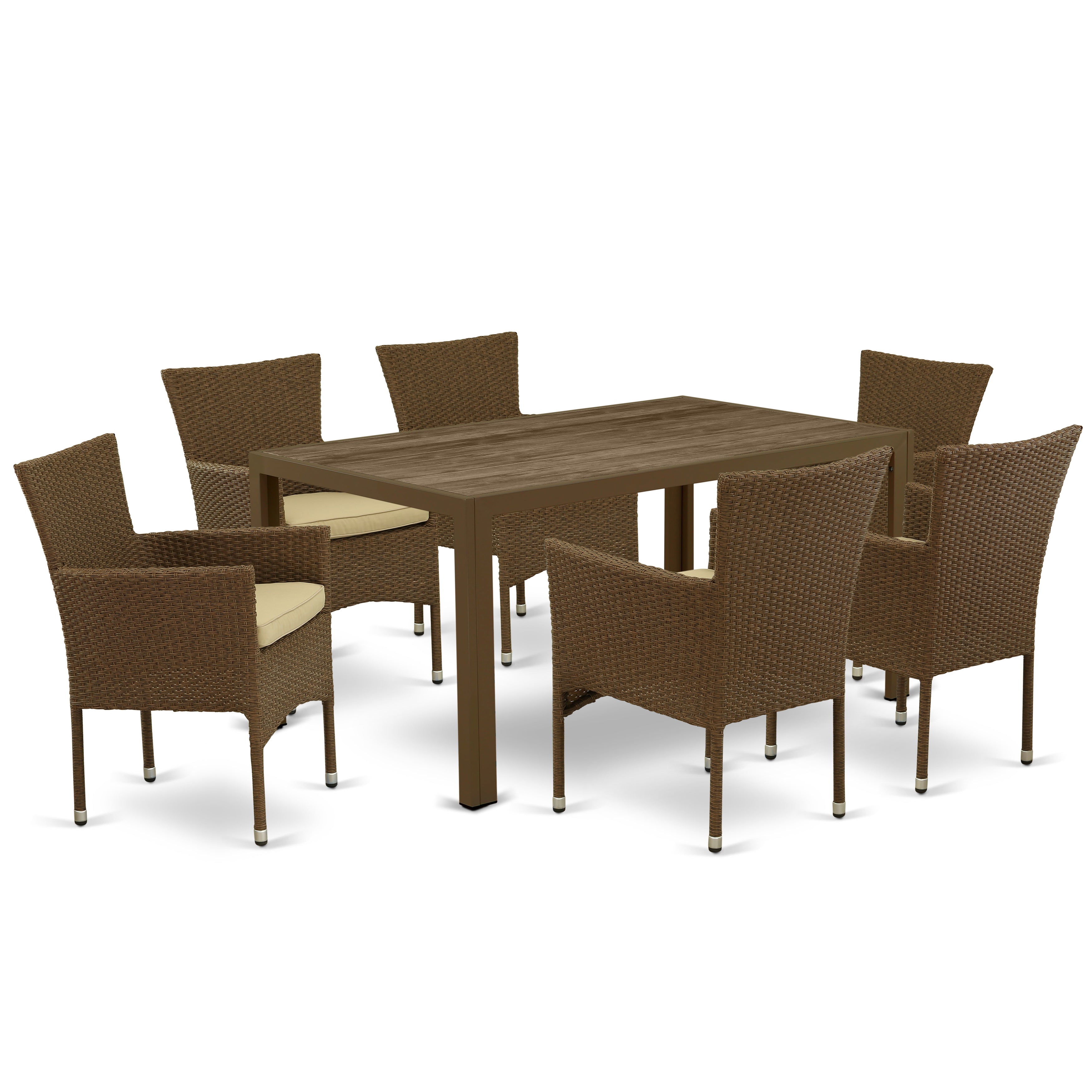 JUBK7-02A 7Pc Outdoor-Furniture Brown Wicker Dining Set Includes a Patio Table and 6 Balcony Backyard Armchair with Linen Fabric Cushion