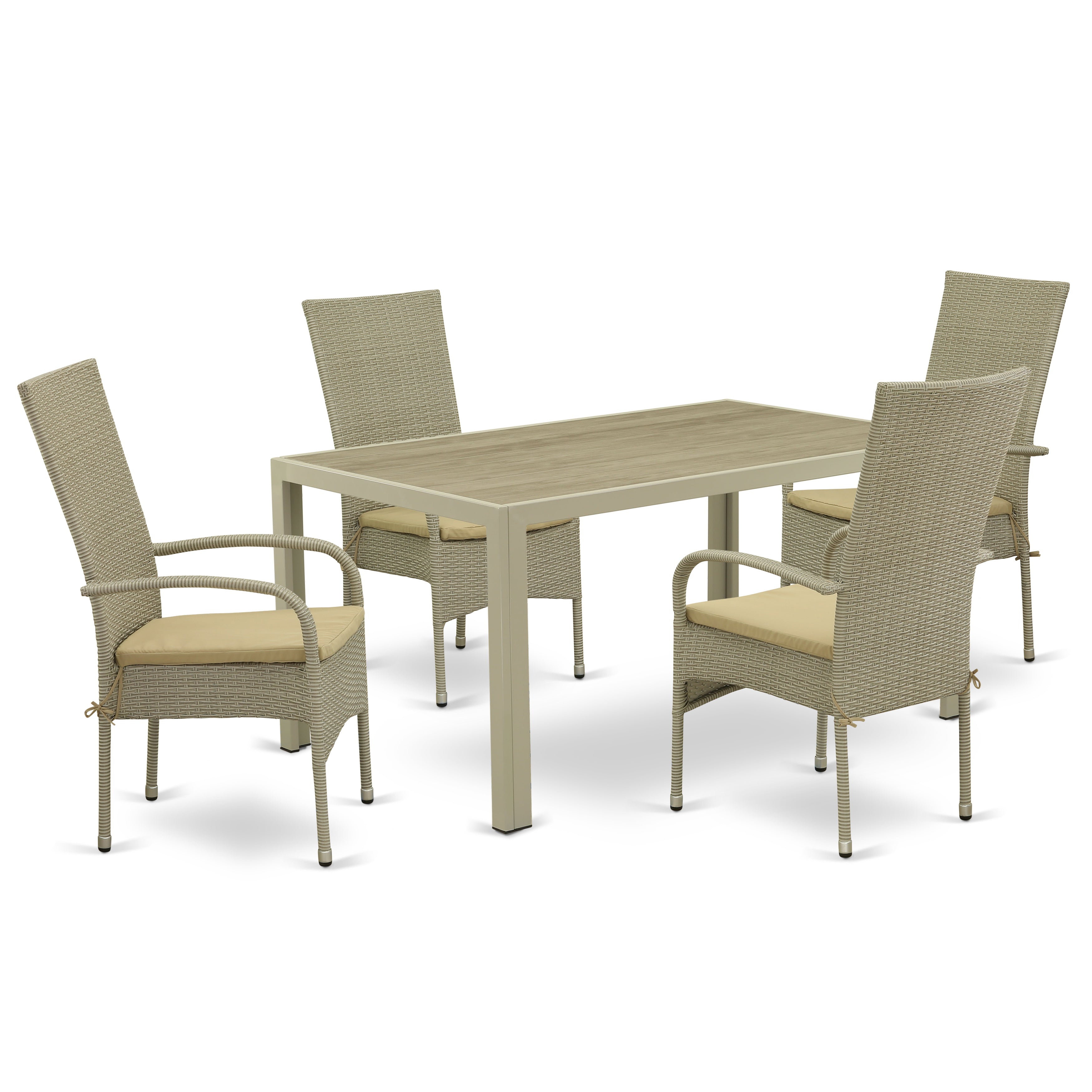 East West Furniture JUOS5-03A Juego de muebles de patio de 5 piezas Juego de exterior de mimbre Incluye una mesa de comedor rectangular con tapa de vidrio y 4 sillones de balcón con cojín