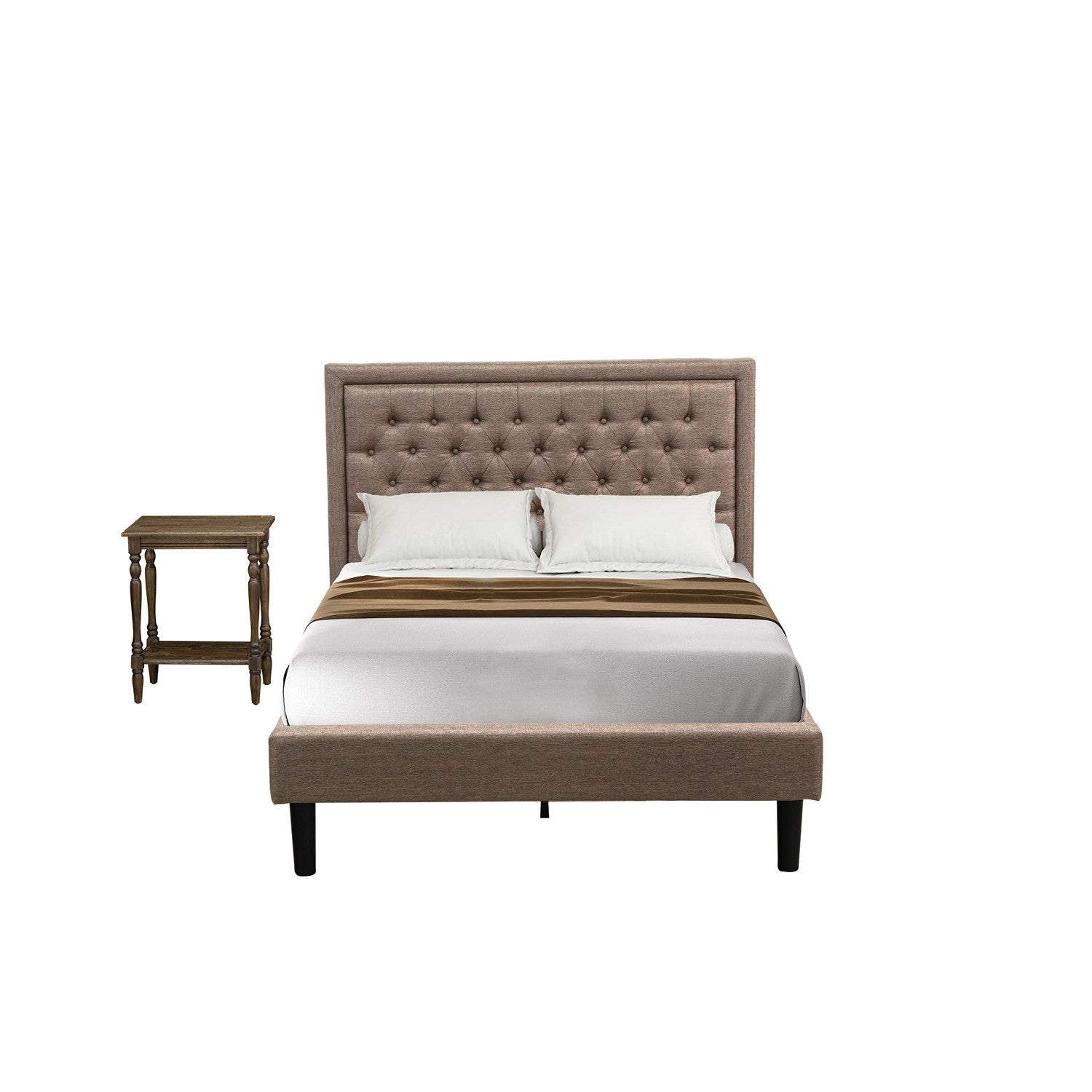 East West Furniture KD16F-1BF07 2 Piece Bedroom Set - 1 Full Size Bed Frame Dark Khaki Linen Fabric Padded and Button Tufted Headboard with 1 Night Stand - Distressed Jacobean Finish Nightstand