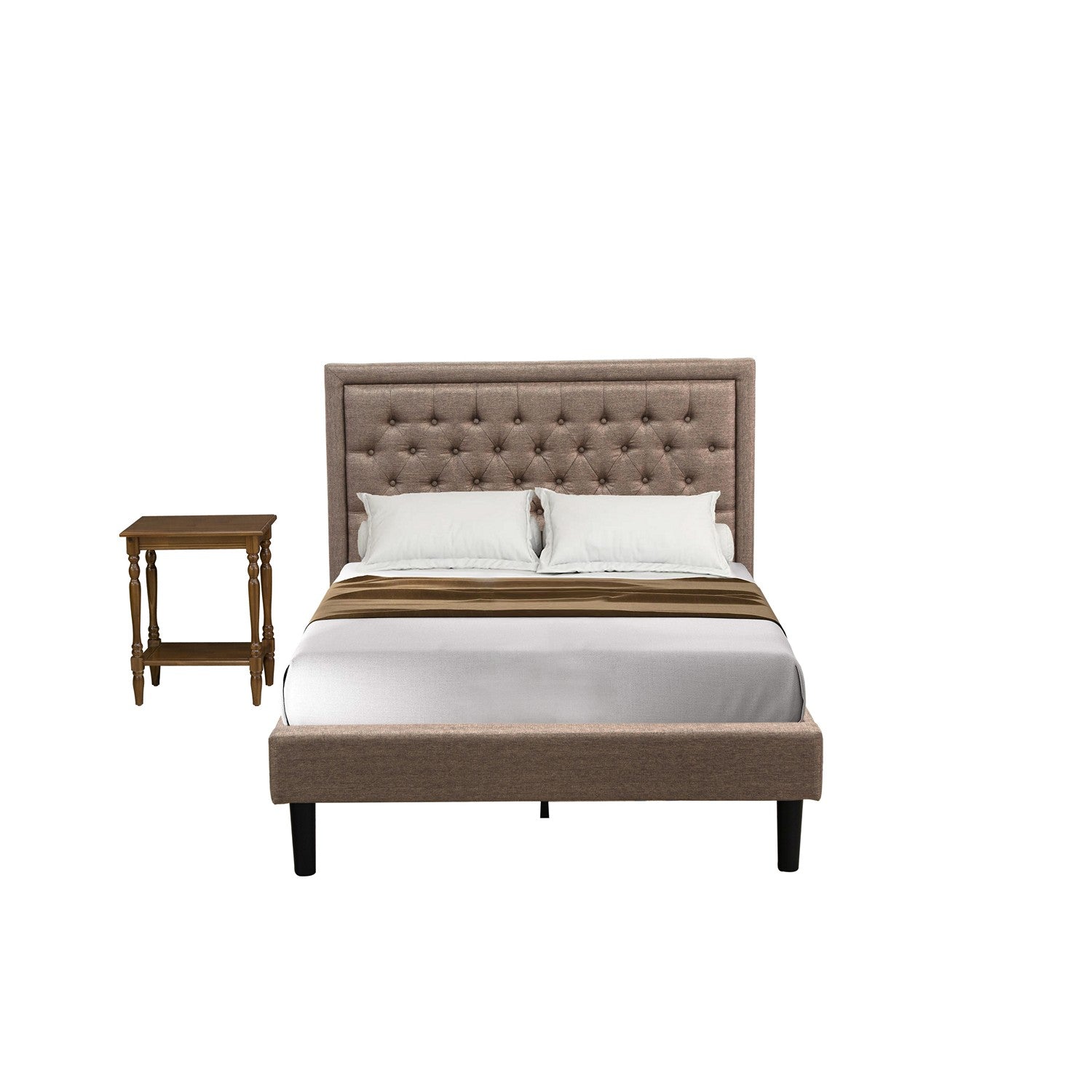 East West Furniture KD16F-1BF08 2 Piece Bedroom Set - 1 Platform Bed Frame Dark Khaki Linen Fabric Padded and Button Tufted Headboard with 1 Nightstand - Antique Walnut Finish Nightstand