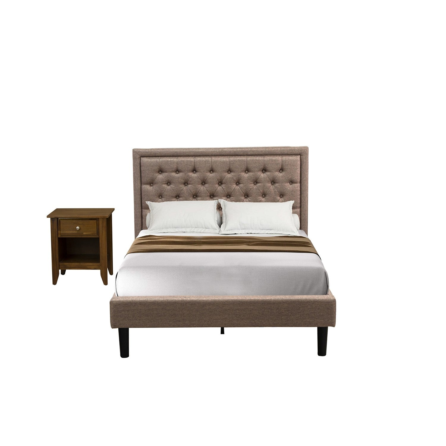 East West Furniture KD16F-1GA08 2 Piece Full Bed Set - 1 Modern Bed Frame Dark Khaki Linen Fabric Padded and Button Tufted Headboard with 1 Bedroom Nightstand - Antique Walnut Finish Nightstand