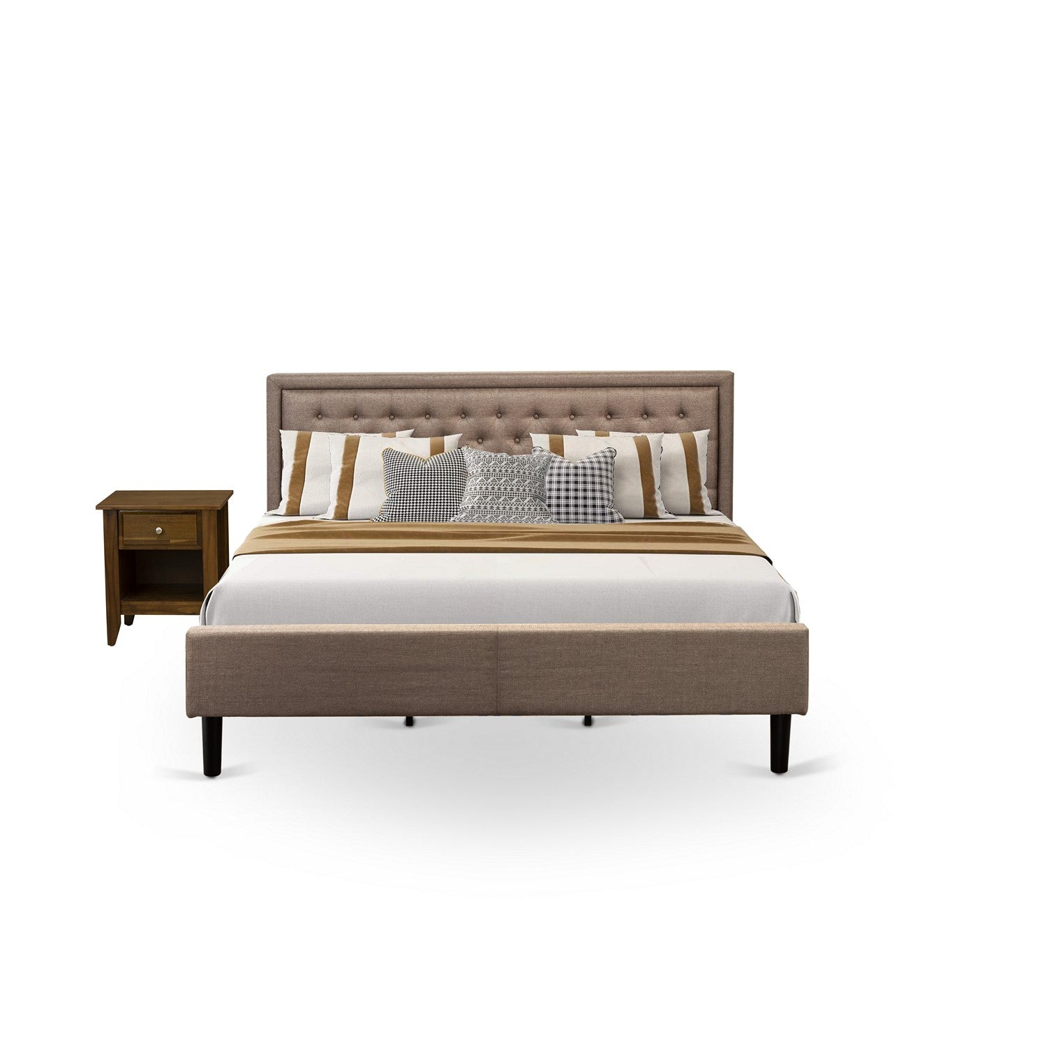 KD16K-1GA08 2 Piece King Bed Set - 1 Wooden Bed Frame Brown Linen Fabric Padded and Button Tufted Headboard with 1 Wood Nightstand - Antique Walnut Finish Nightstand