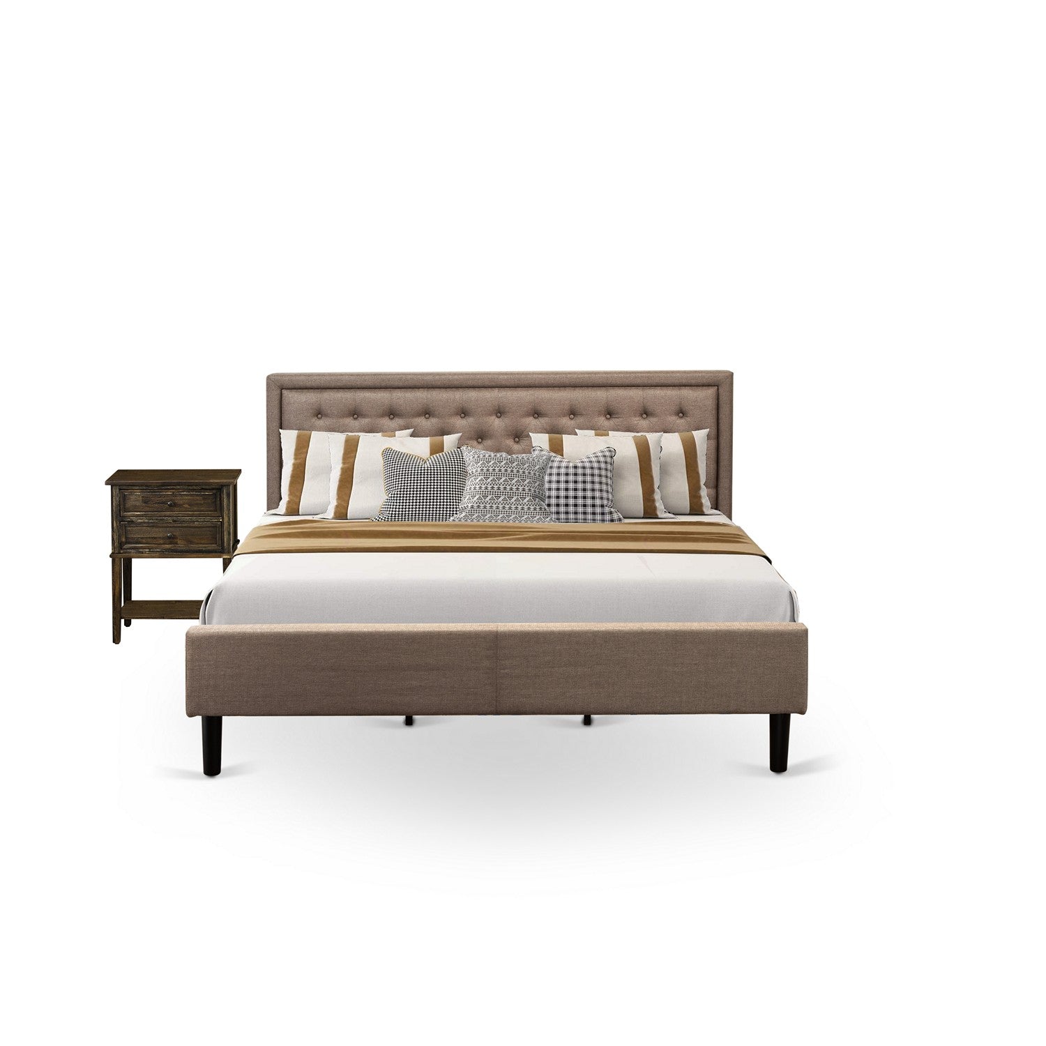 East West Furniture KD16K-1VL07 2 Piece King Size Bedroom Set - 1 King Bed Brown Linen Fabric Padded and Button Tufted Headboard with 1 Mid Century Nightstand - Distressed Jacobean Finish Nightstand