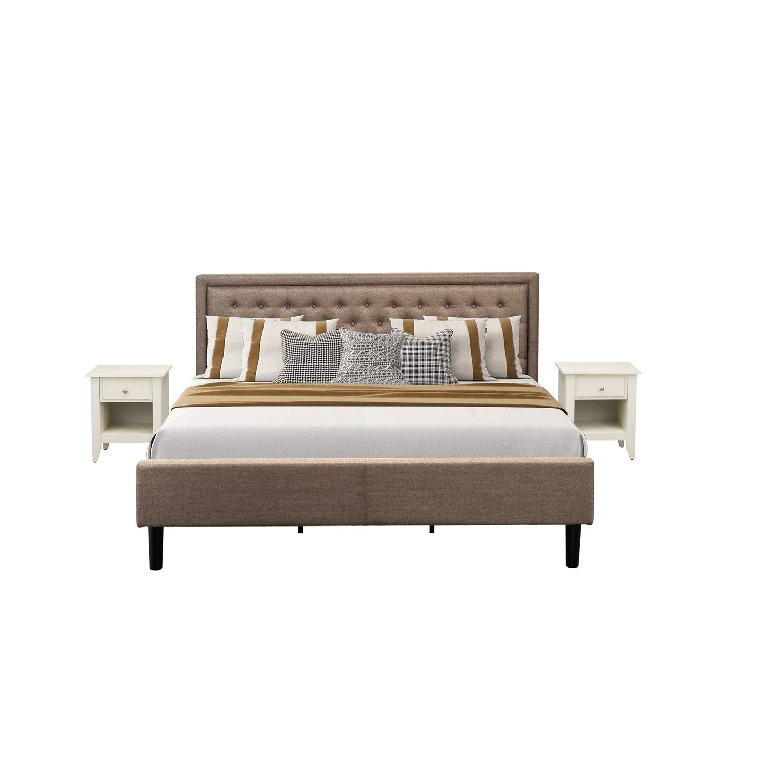 Juego de dormitorio de 3 piezas KD16K-2GA0C: 1 cama tamaño king, cabecero acolchado con botones y tela de lino color caqui oscuro, 2 mesitas de noche de mediados de siglo con cajón de madera y patas con acabado negro.