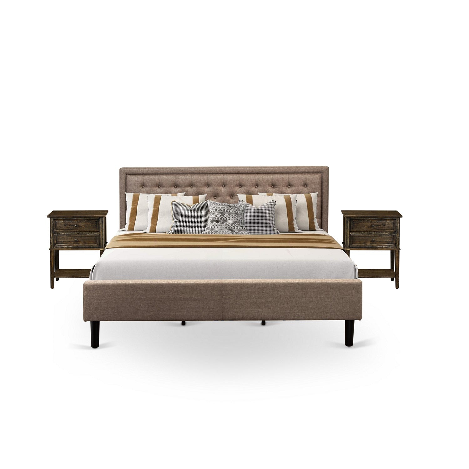 East West Furniture KD16K-2VL07 3 Piece King Bed Set - 1 King Bed Frame Dark Khaki Linen Fabric Padded and Button Tufted Headboard with 2 Mid Century Nightstand - Distressed Jacobean Finish Nightstand