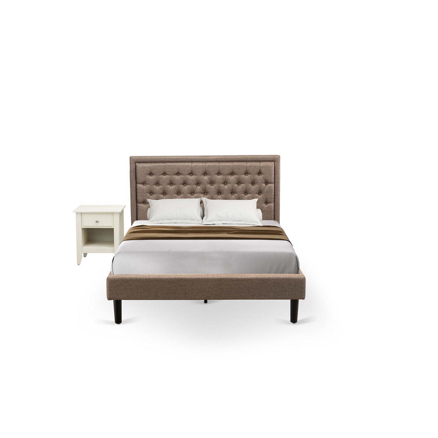 East West Furniture KD16Q-1GA0C 2 Piece Bed Set Queen - 1 Queen Bed frame Dark Khaki Linen Fabric Padded and Button Tufted Headboard with 1 Nightstand - Wire Brushed Butter Cream Finish Nightstand