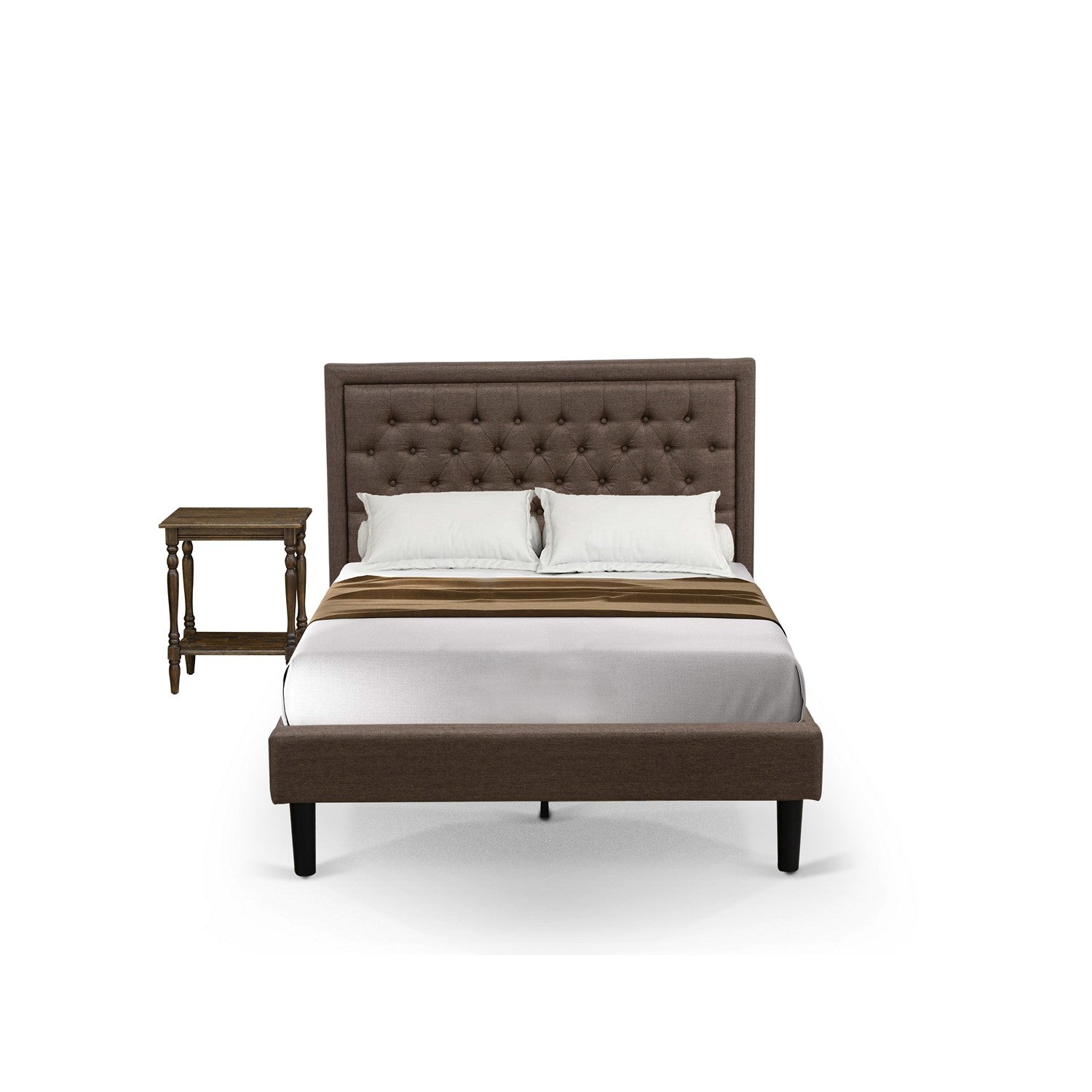 East West Furniture KD18F-1BF07 2 Piece Full Bed Set - 1 Platform Bed Frame Brown Linen Fabric Padded and Button Tufted Headboard with 1 Nightstand Bedroom - Distressed Jacobean Finish Nightstand