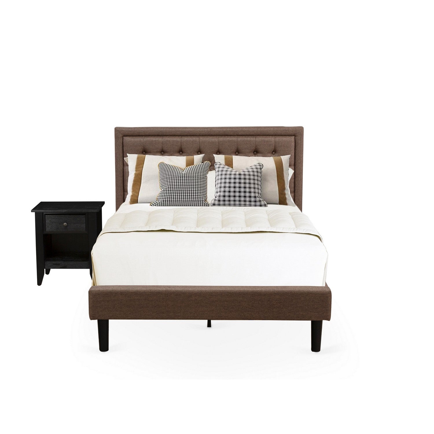 East West Furniture KD18F-1GA06 2 Piece Bedroom Set - 1 Full Platform Bed Frame Brown Linen Fabric Padded and Button Tufted Headboard with 1 Small Night Stand - Wire Brushed Black Finish Nightstand