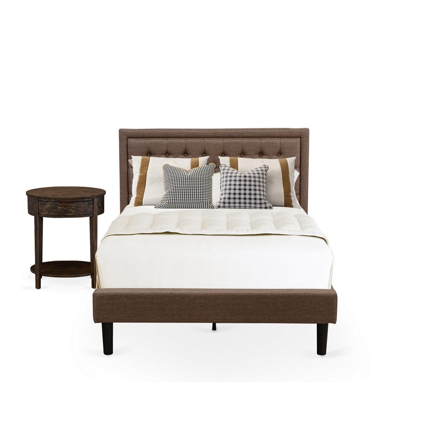 East West Furniture KD18F-1HI07 2 Piece Wood Bedroom Set - 1 Modern Bed Frame Brown Linen Fabric Padded and Button Tufted Headboard with 1 Wooden Nightstand - Distressed Jacobean Finish Nightstand