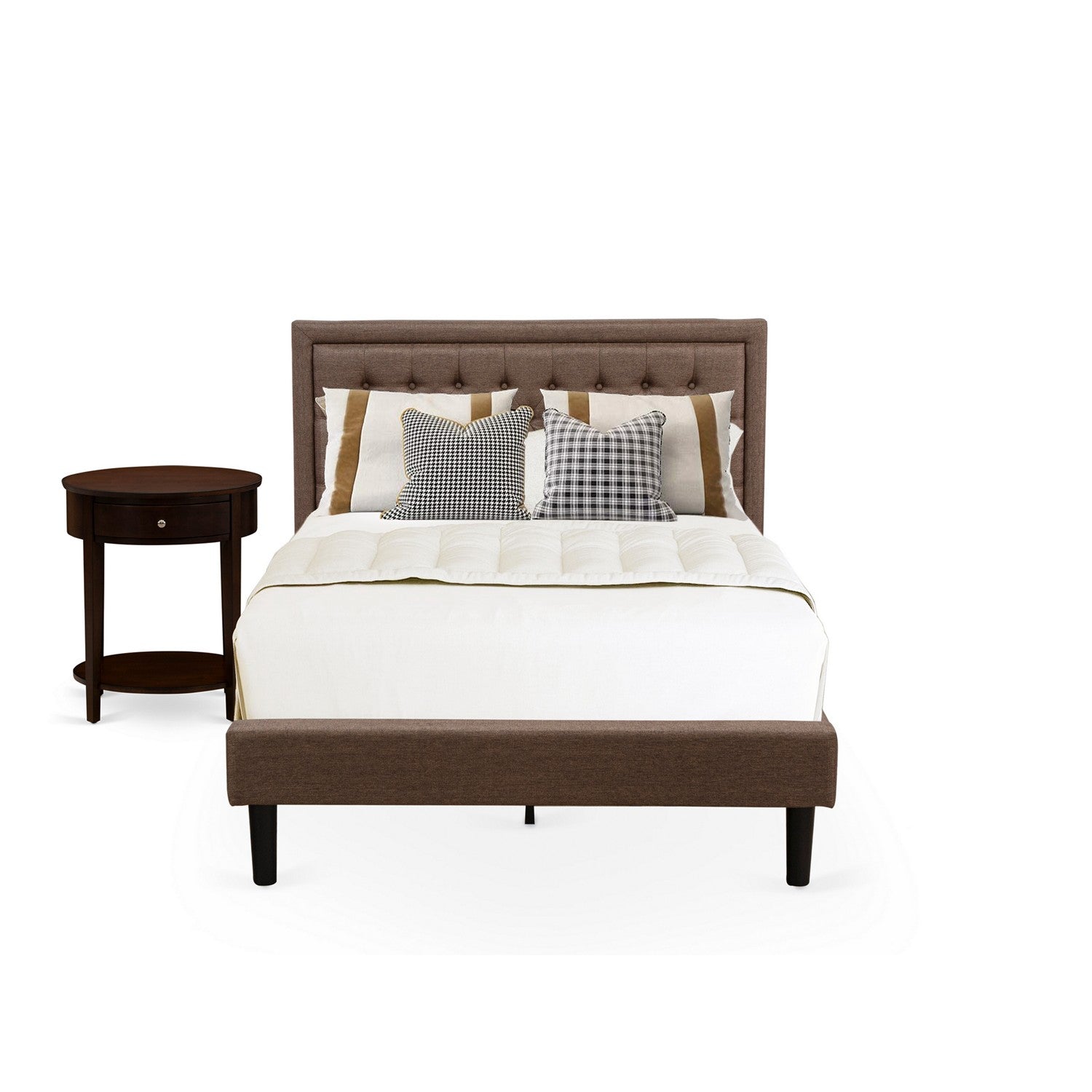 East West Furniture KD18F-1HI0M 2 Piece Wooden Bedroom Set - 1 Modern Bed Frame Brown Linen Fabric Padded and Button Tufted Headboard with 1 Nightstand Bedroom - Antique Mahogany Finish Nightstand