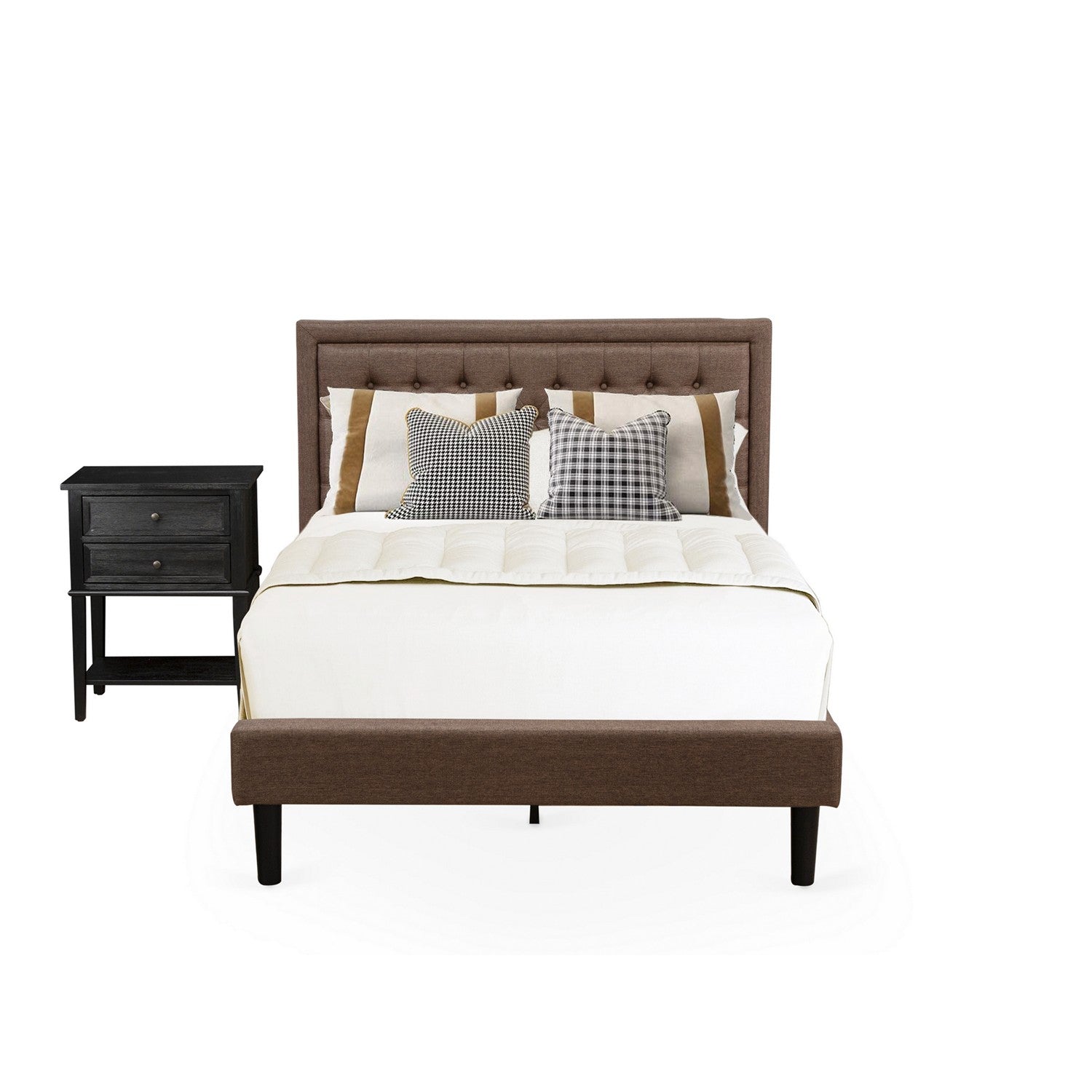 East West Furniture KD18F-1VL06 2 Piece Bedroom Set - 1 Wood Bed Frame Brown Linen Fabric Padded and Button Tufted Headboard with 1 Mid Century Nightstand - Wire Brushed Black Finish Nightstand