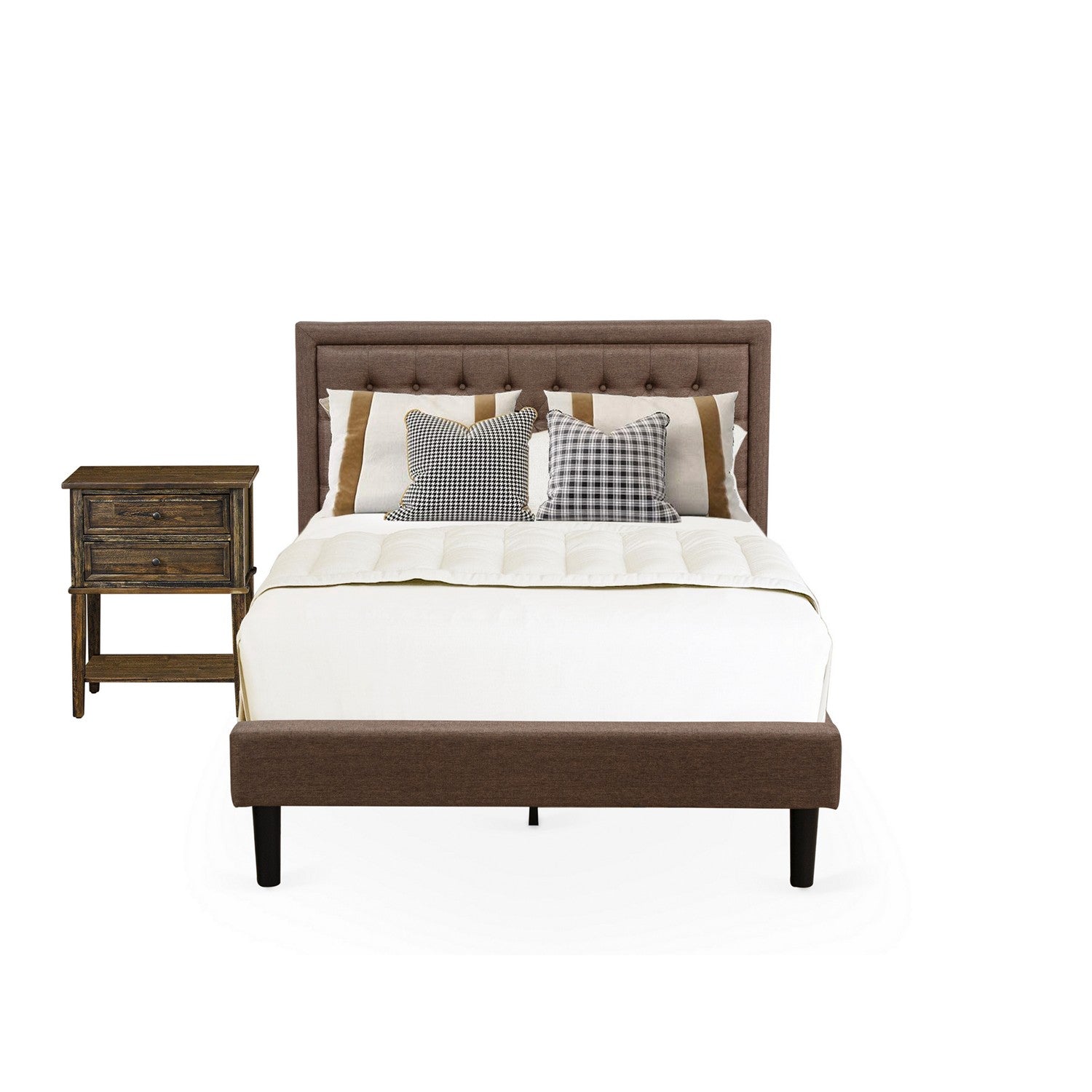 East West Furniture KD18F-1VL07 2 Piece Full Size Bed Set - 1 Bed frame Brown Linen Fabric Padded and Button Tufted Headboard with 1 Nightstand - Distressed Jacobean Finish Nightstand